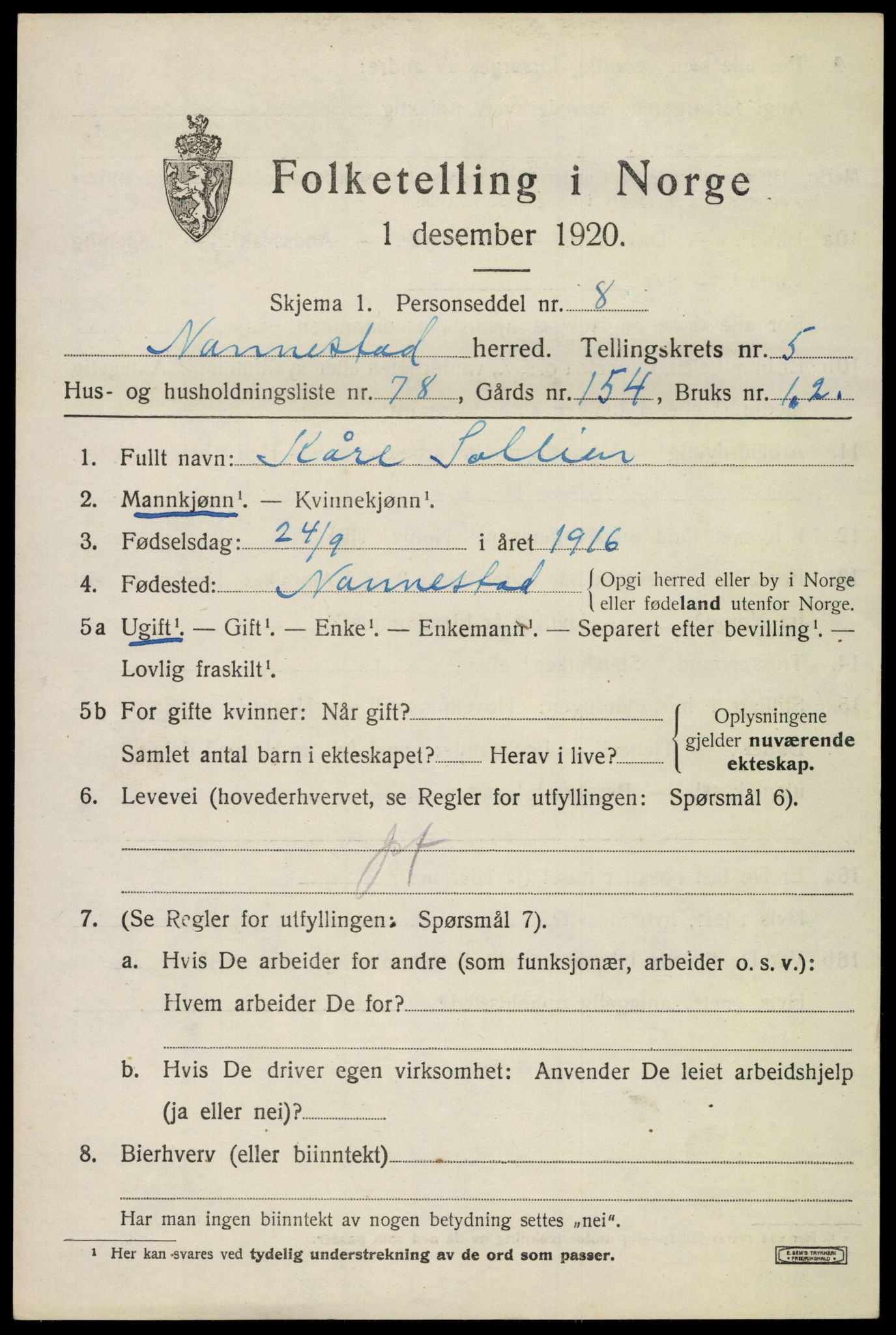 SAO, 1920 census for Nannestad, 1920, p. 7494