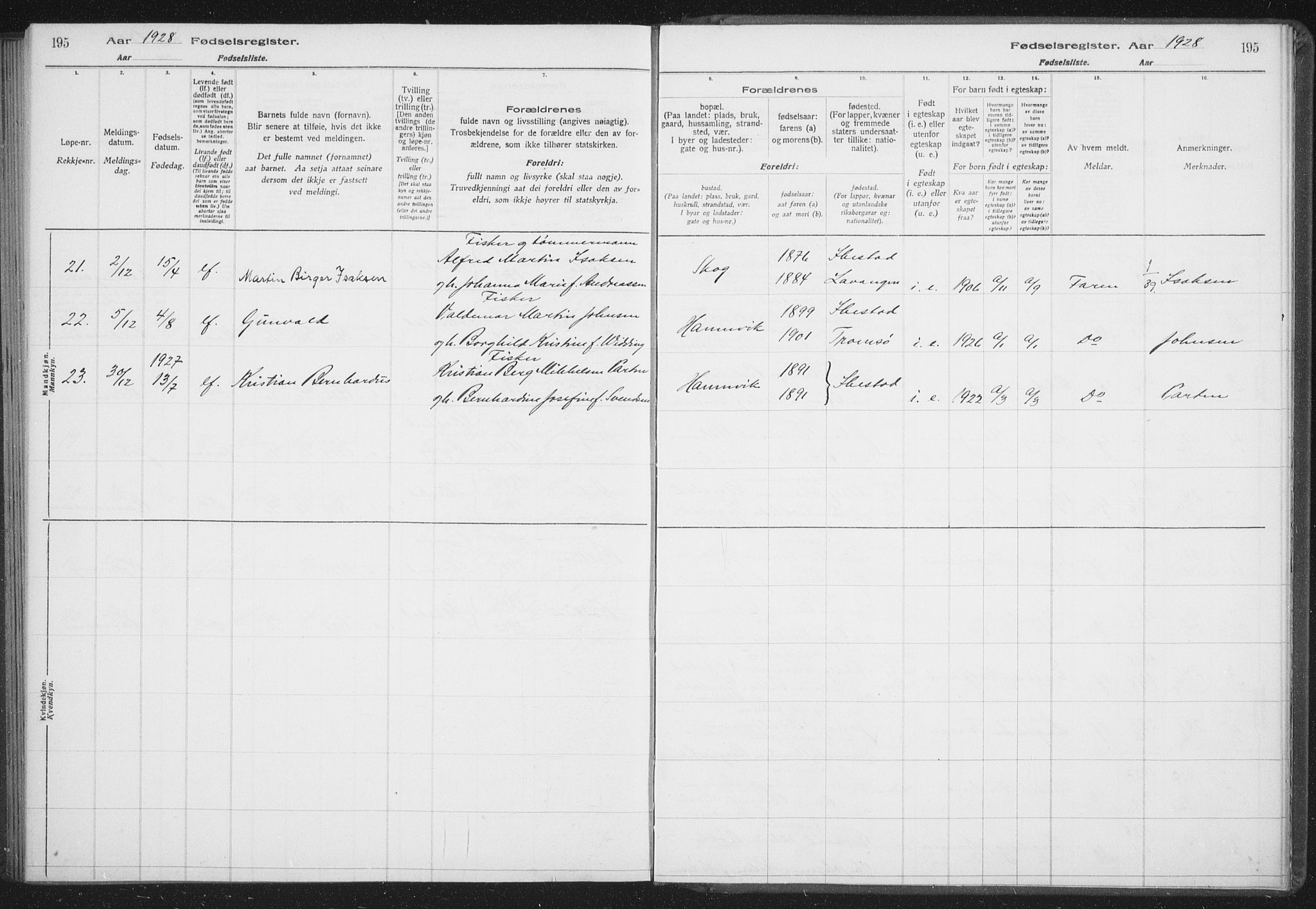 Ibestad sokneprestembete, SATØ/S-0077/I/Ic/L0061: Birth register no. 61, 1917-1929, p. 195