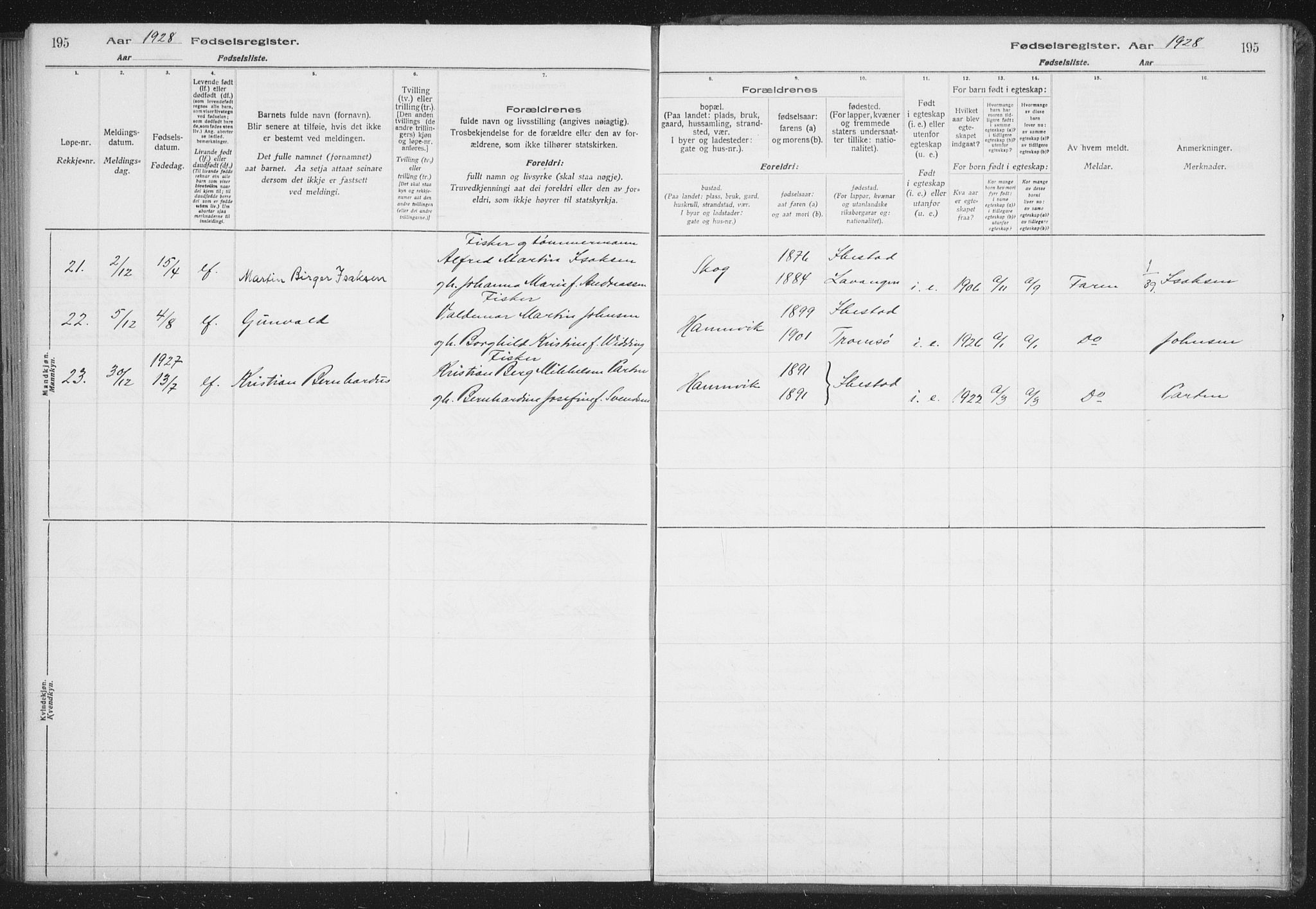 Ibestad sokneprestembete, AV/SATØ-S-0077/I/Ic/L0061: Birth register no. 61, 1917-1929, p. 195