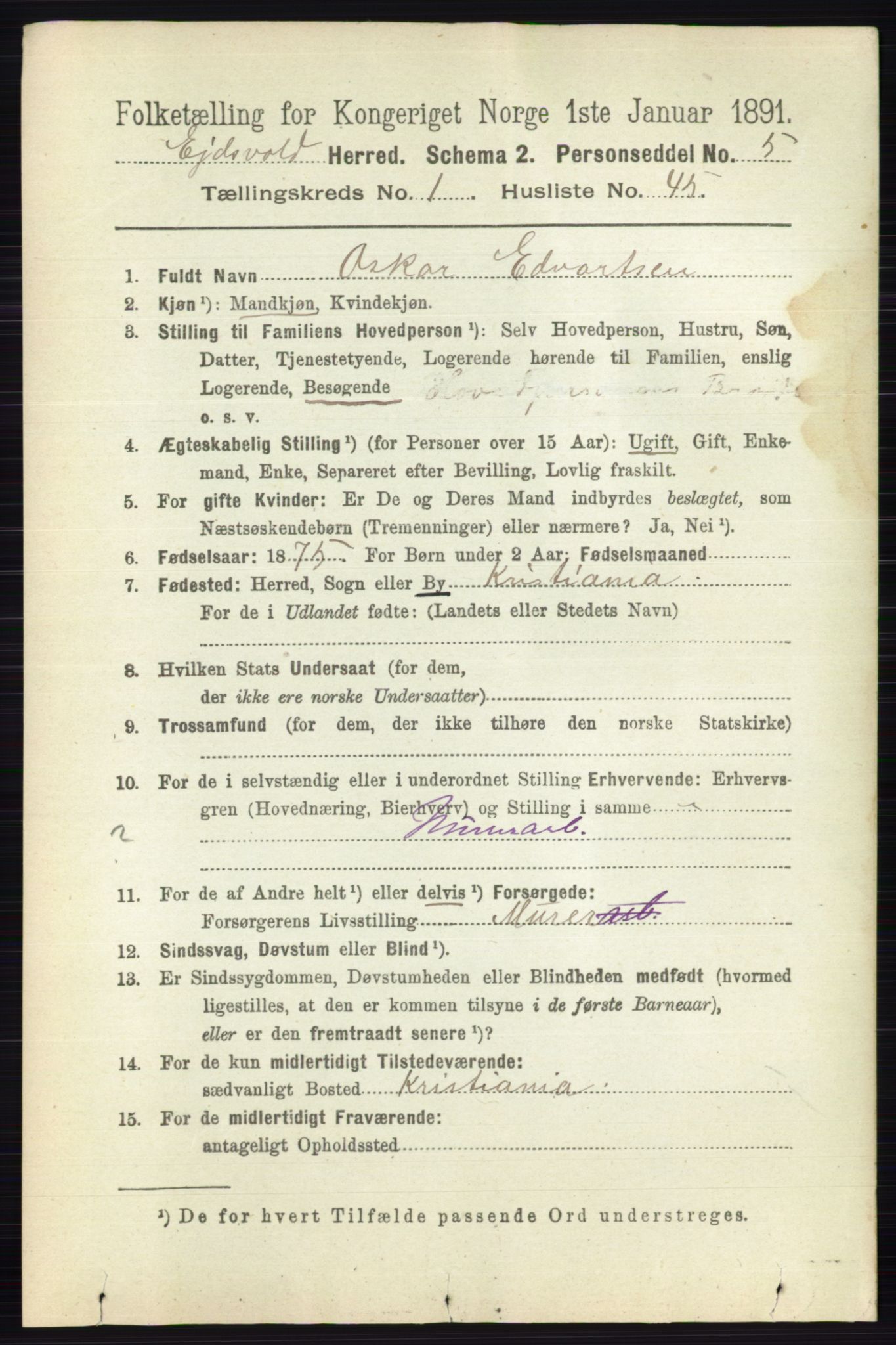 RA, 1891 census for 0237 Eidsvoll, 1891, p. 496