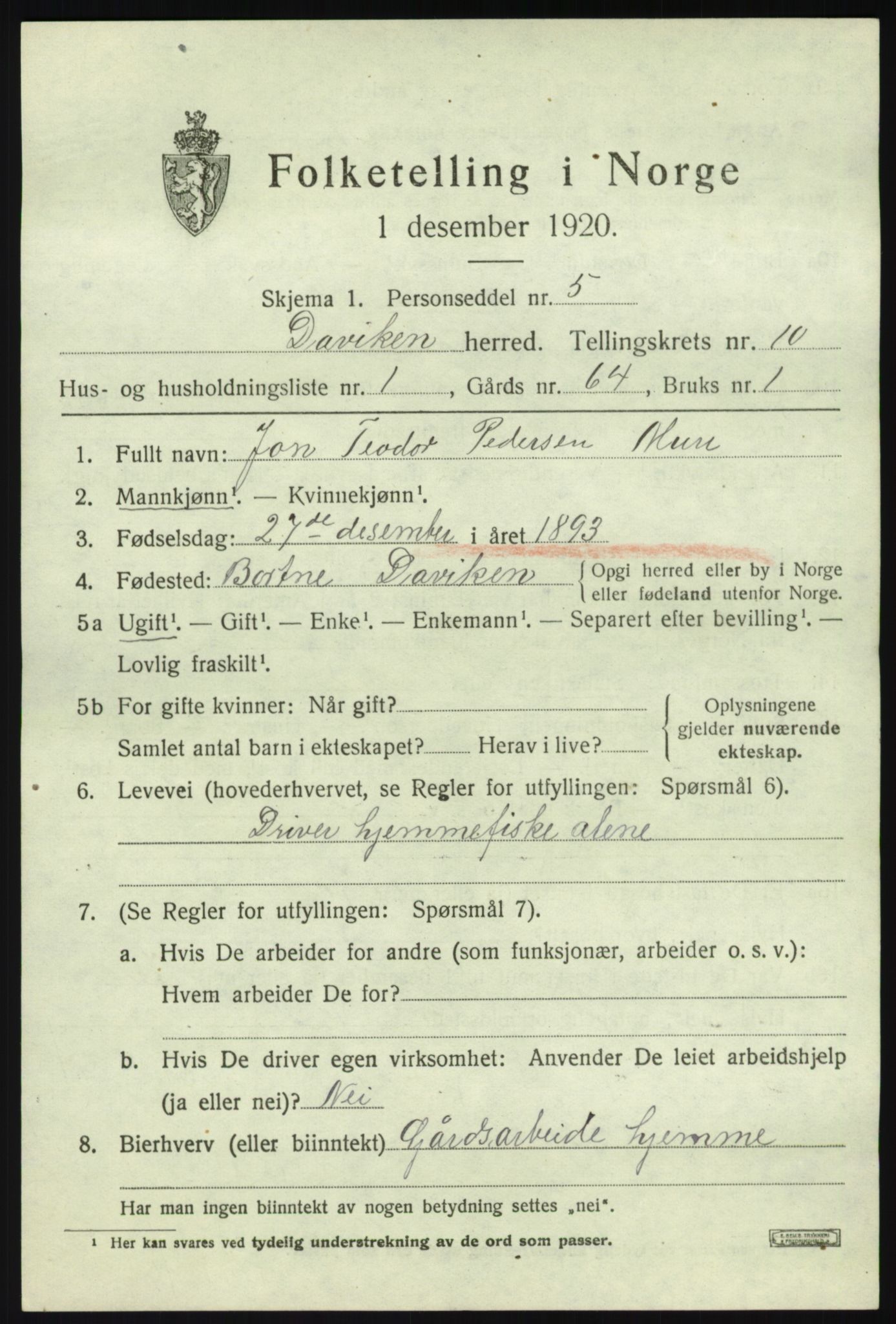 SAB, 1920 census for Davik, 1920, p. 5097