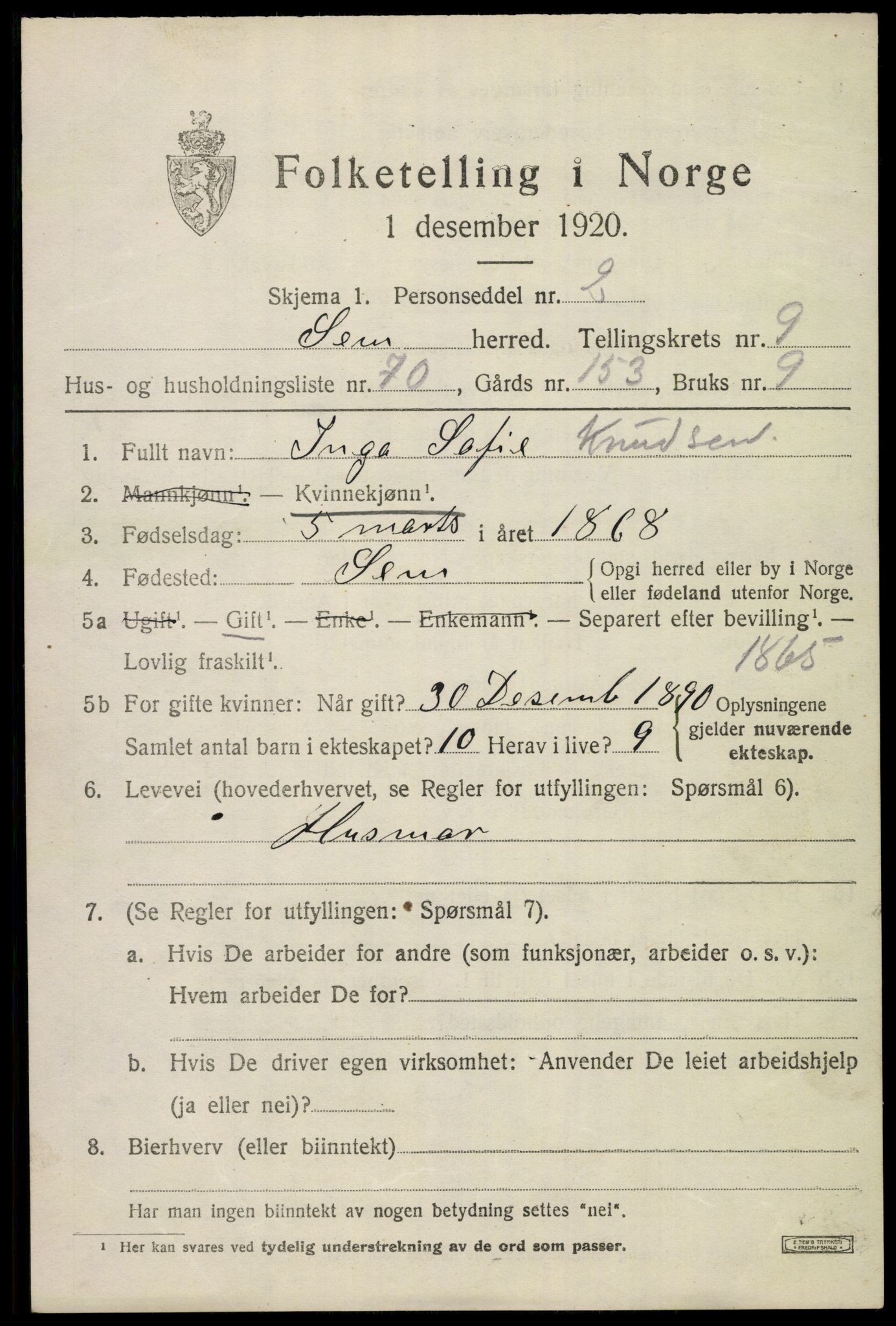 SAKO, 1920 census for Sem, 1920, p. 13383