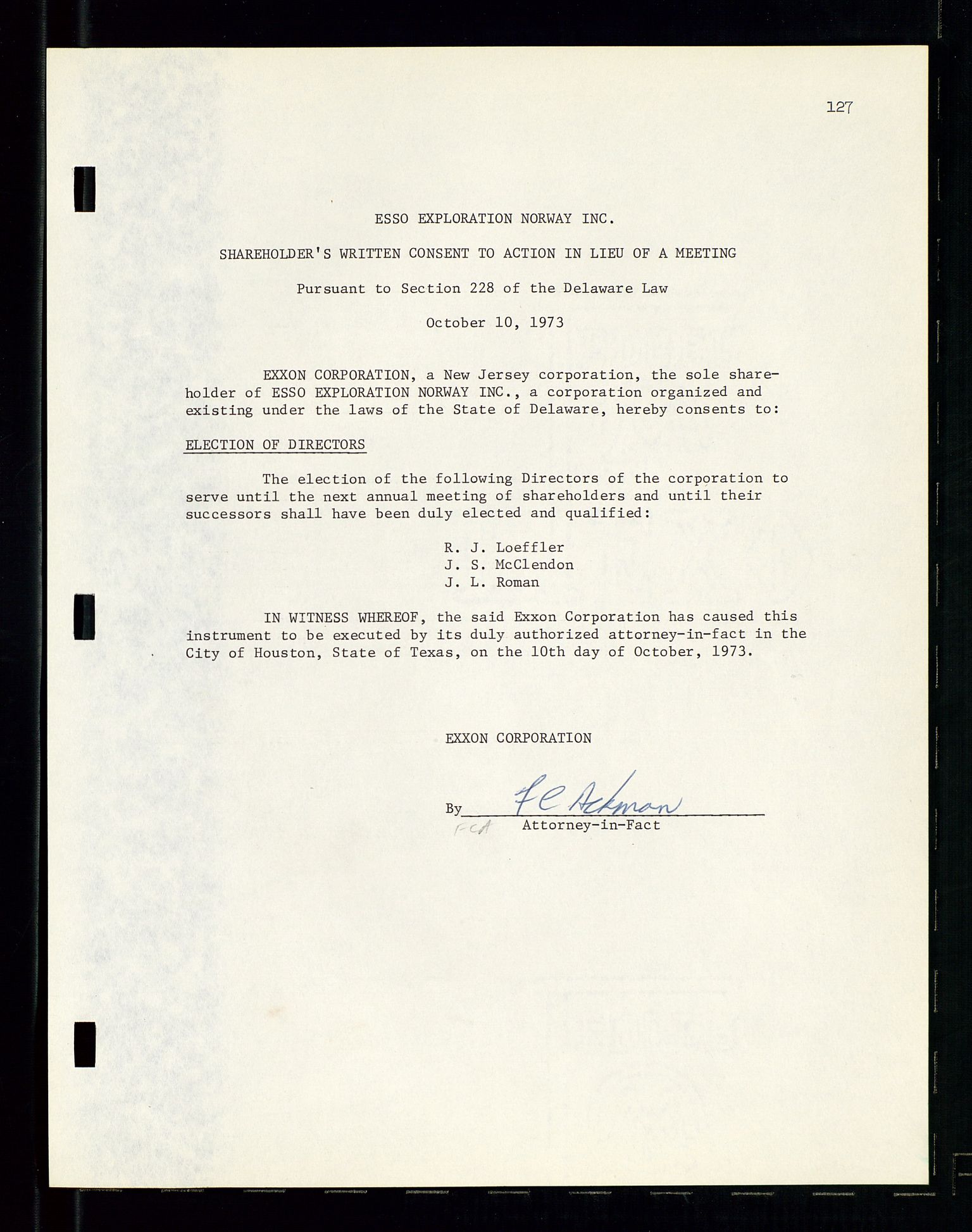 Pa 1512 - Esso Exploration and Production Norway Inc., SAST/A-101917/A/Aa/L0001/0001: Styredokumenter / Corporate records, By-Laws, Board meeting minutes, Incorporations, 1965-1975, p. 127