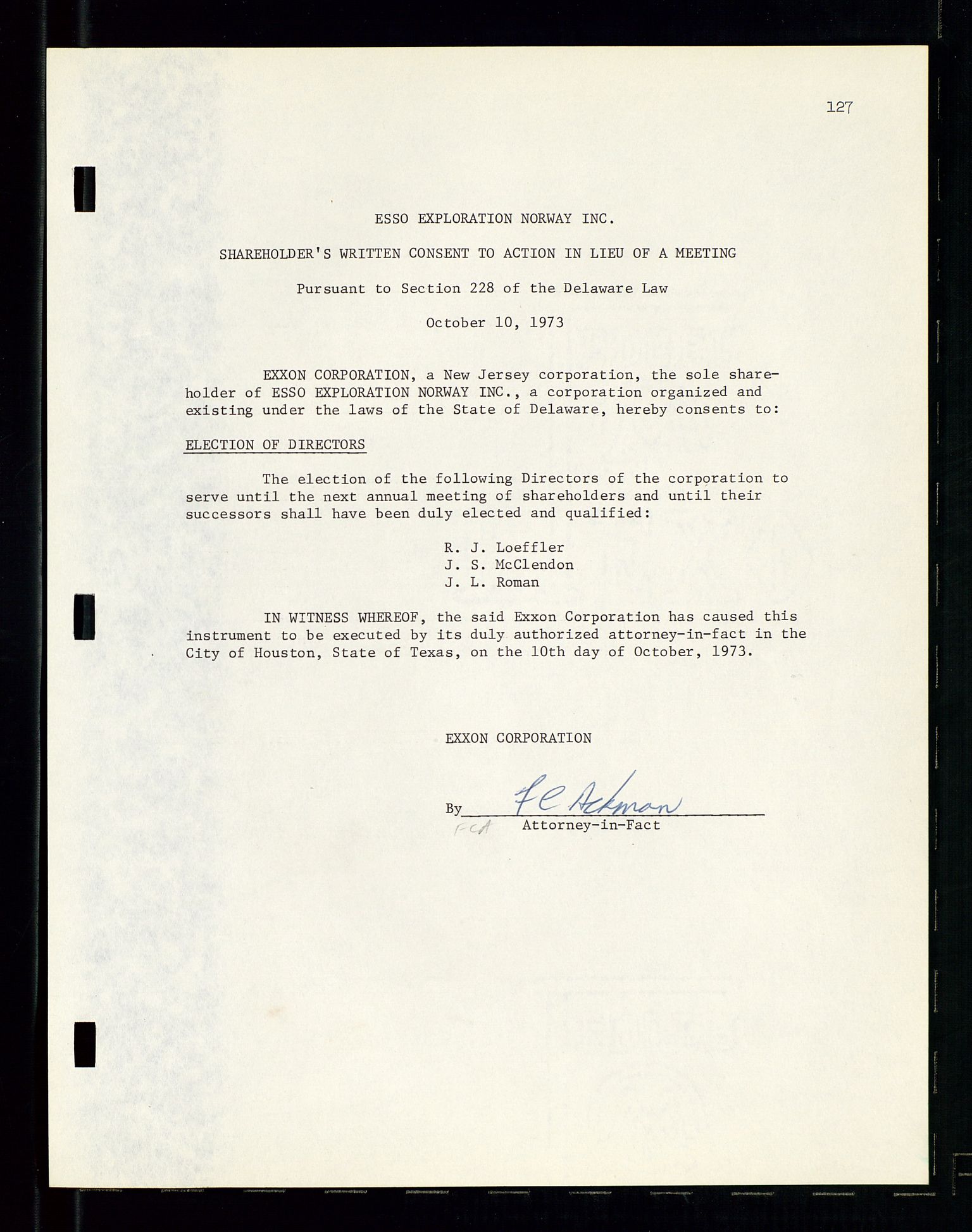 Pa 1512 - Esso Exploration and Production Norway Inc., AV/SAST-A-101917/A/Aa/L0001/0001: Styredokumenter / Corporate records, By-Laws, Board meeting minutes, Incorporations, 1965-1975, p. 127