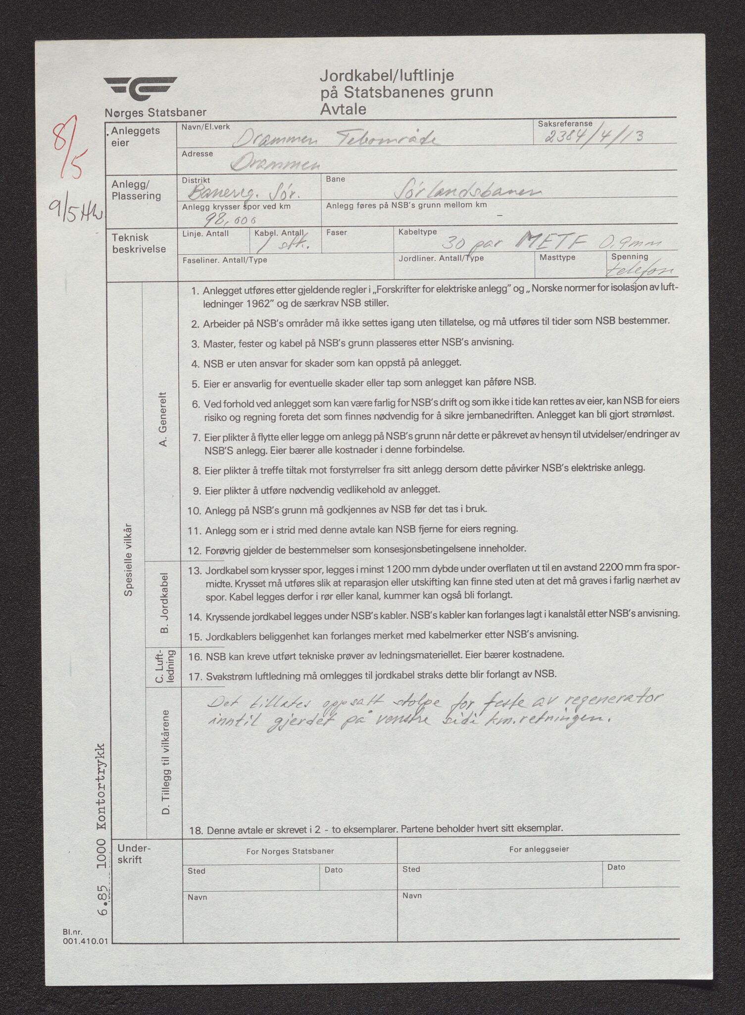 Norges Statsbaner Drammen distrikt (NSB), AV/SAKO-A-30/F/Fe/Fed/L0055/0001: Elektroarkiv / Televerkets kryssinger og nærføringer - Sørlandsbanen, 1982-1990, p. 6