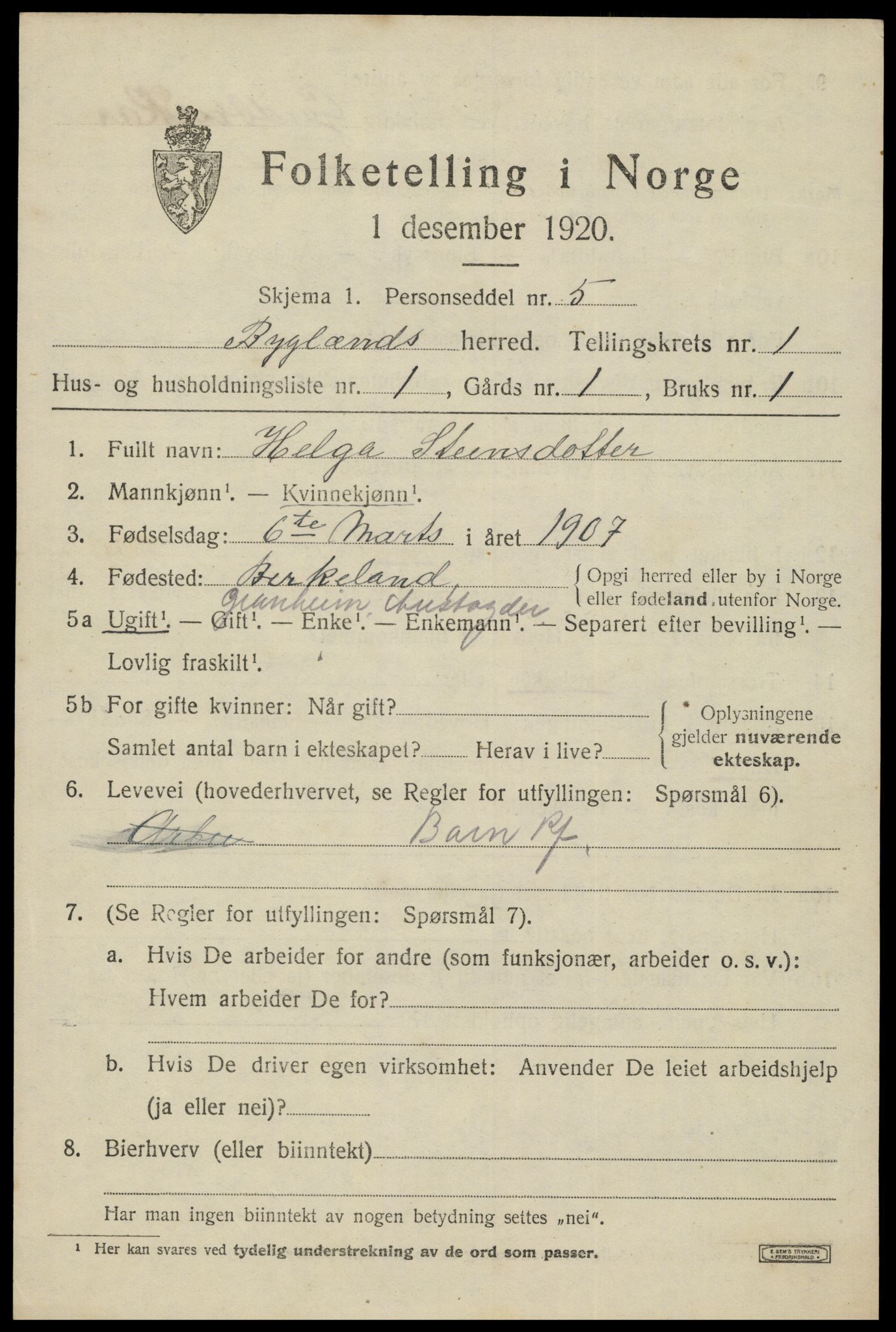 SAK, 1920 census for Bygland, 1920, p. 905
