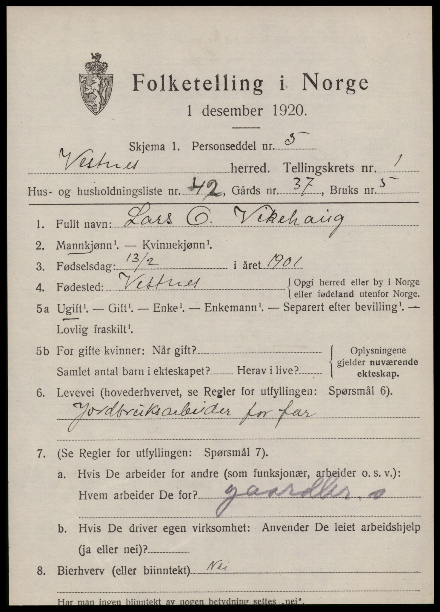SAT, 1920 census for Vestnes, 1920, p. 1727
