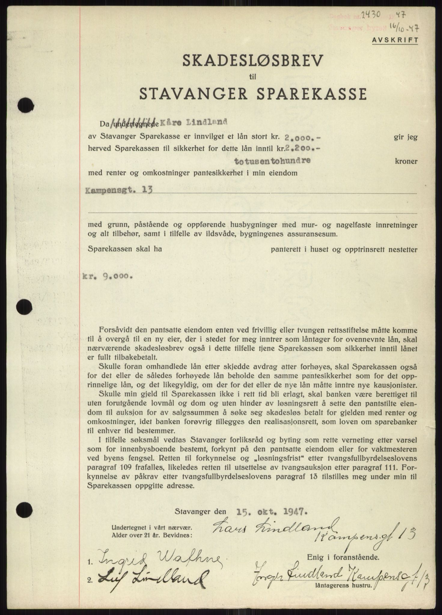 Stavanger byrett, SAST/A-100455/002/G/Gb/L0032: Mortgage book, 1947-1950, Diary no: : 2430/1947