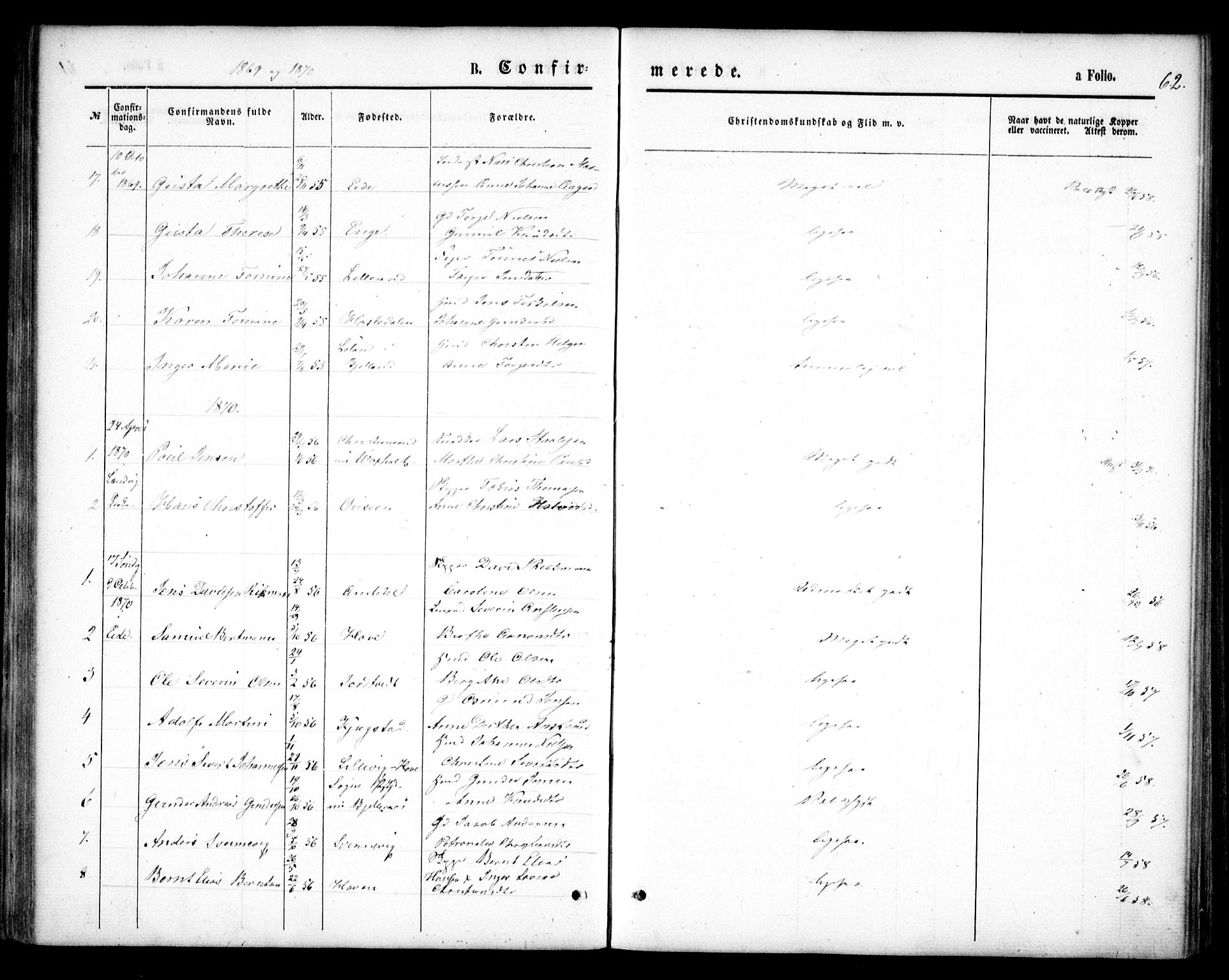 Hommedal sokneprestkontor, SAK/1111-0023/F/Fa/Faa/L0002: Parish register (official) no. A 2, 1861-1884, p. 62