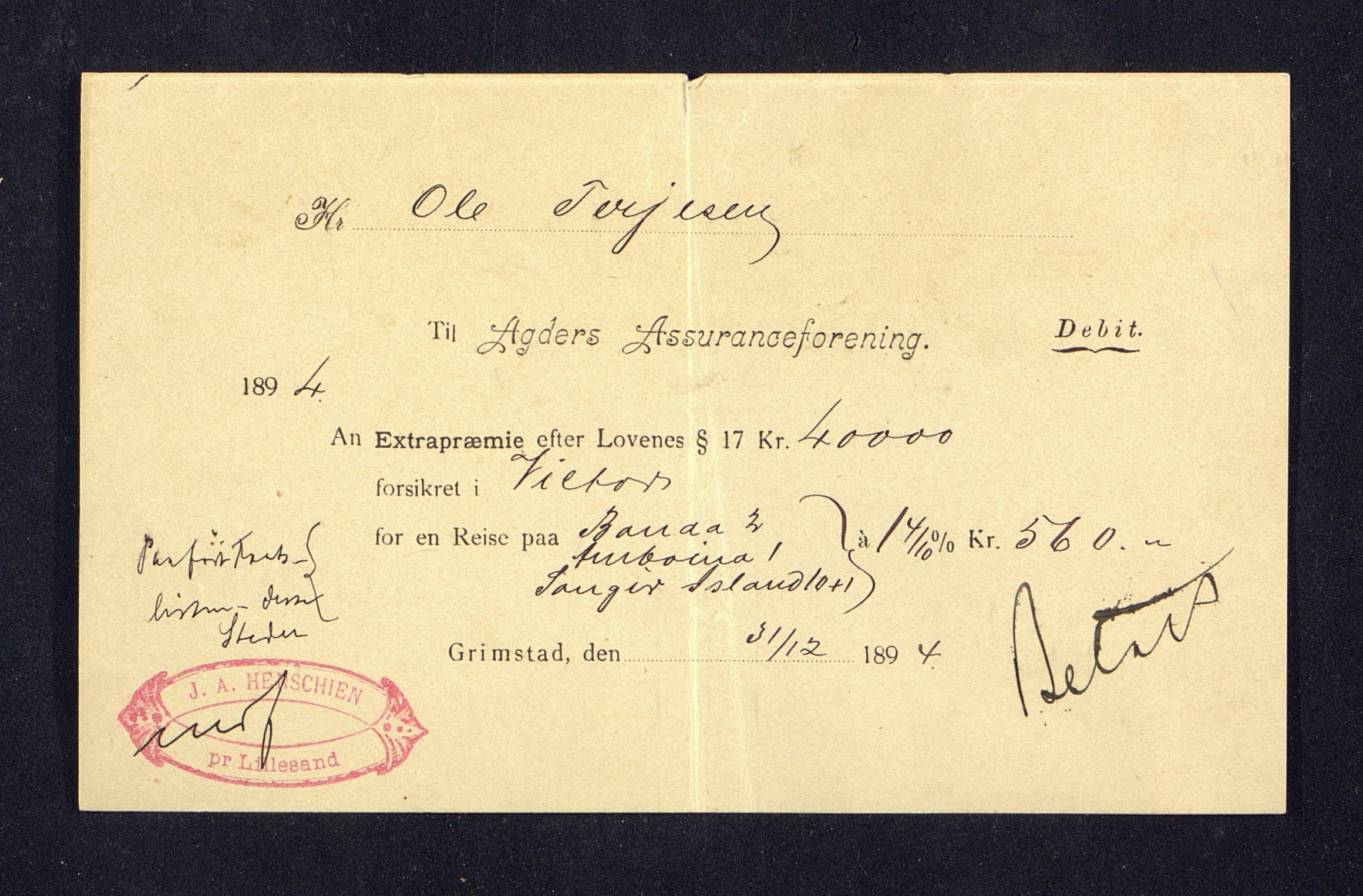 O. Terjesens rederi, AAKS/PA-2525/R/R02/L0001: Regnskapsbilag, 1884-1898