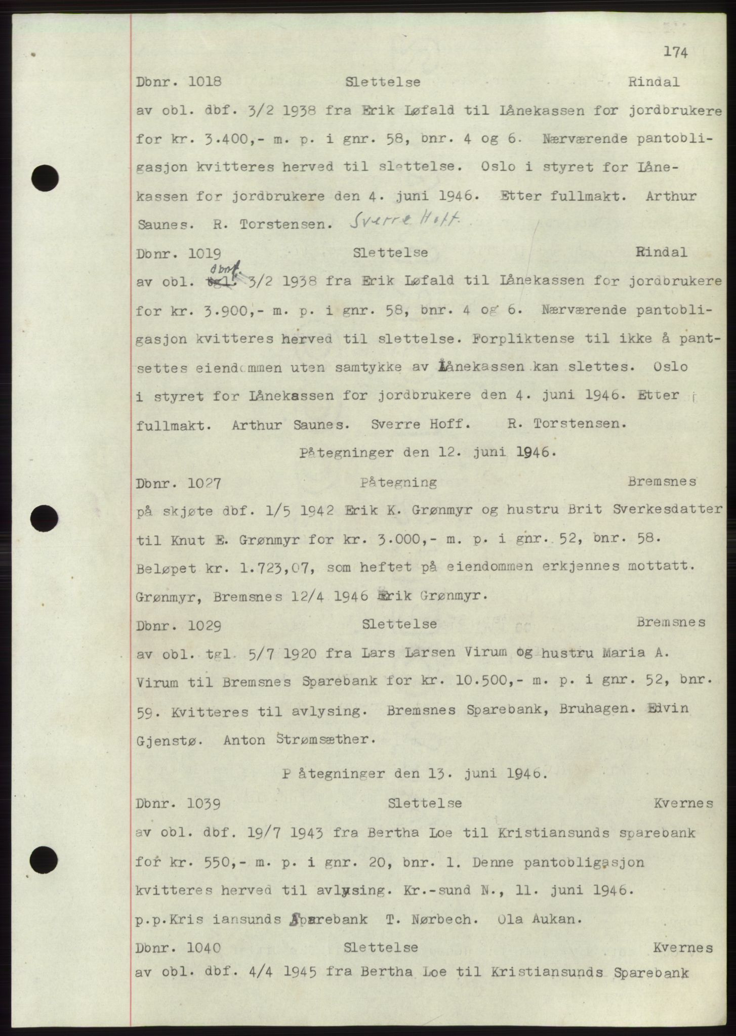 Nordmøre sorenskriveri, SAT/A-4132/1/2/2Ca: Mortgage book no. C82b, 1946-1951, Diary no: : 1018/1946