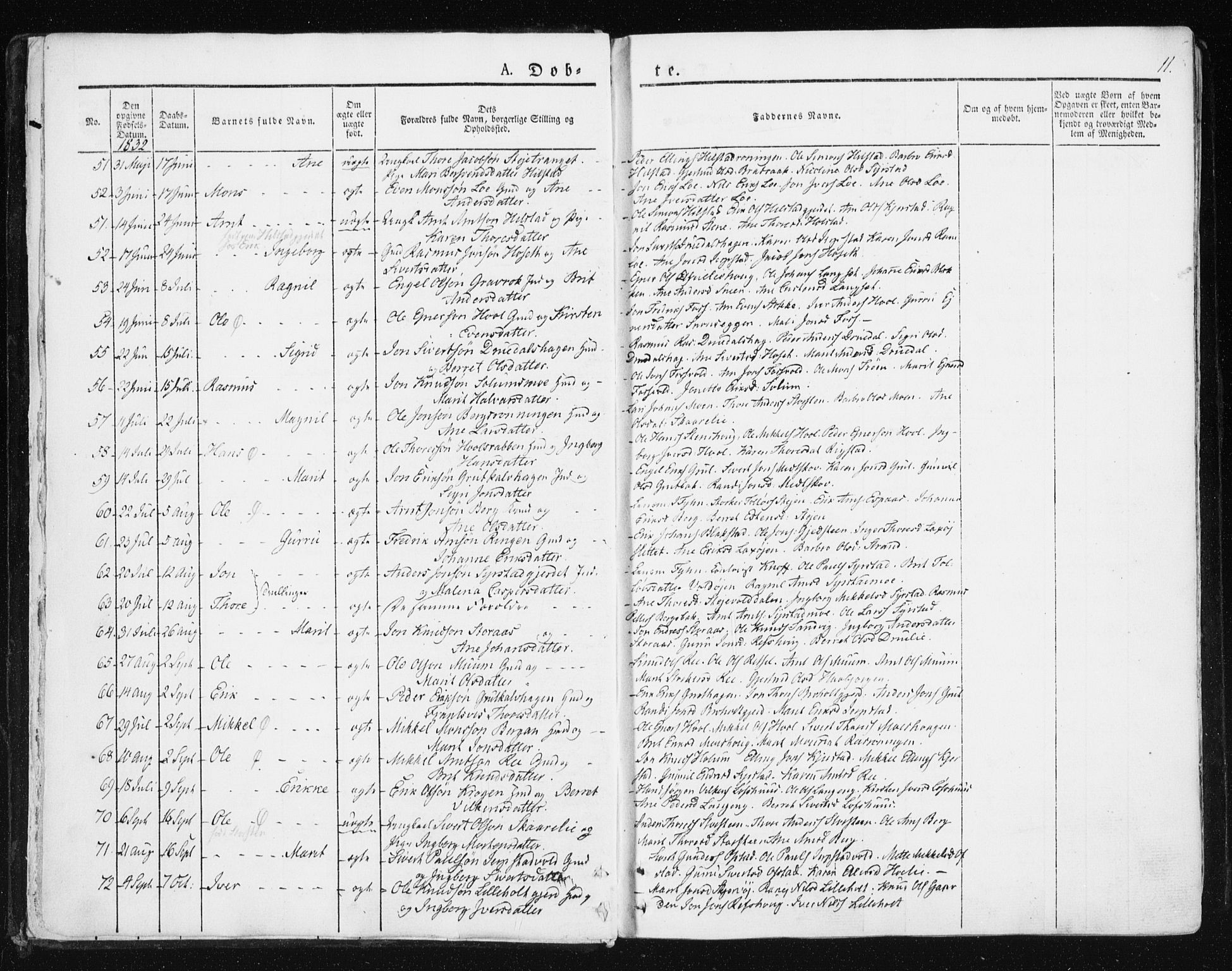 Ministerialprotokoller, klokkerbøker og fødselsregistre - Sør-Trøndelag, AV/SAT-A-1456/672/L0855: Parish register (official) no. 672A07, 1829-1860, p. 11