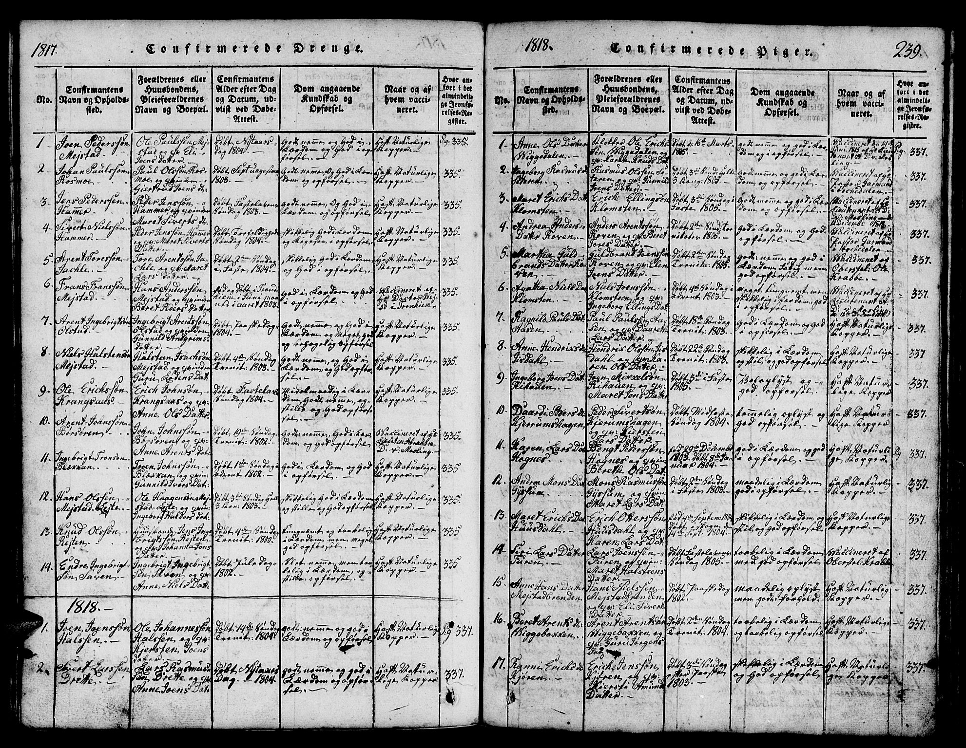 Ministerialprotokoller, klokkerbøker og fødselsregistre - Sør-Trøndelag, SAT/A-1456/665/L0776: Parish register (copy) no. 665C01, 1817-1837, p. 239