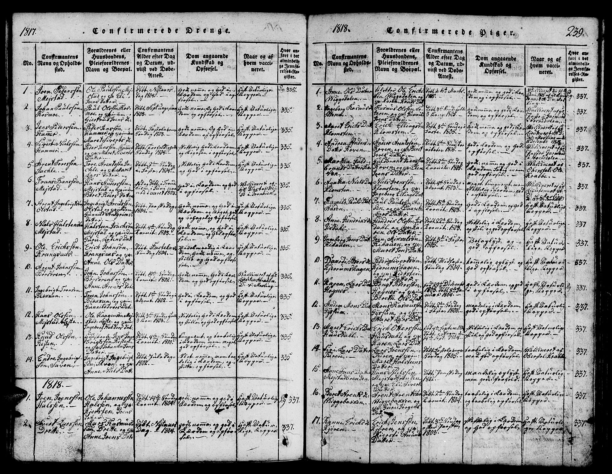 Ministerialprotokoller, klokkerbøker og fødselsregistre - Sør-Trøndelag, AV/SAT-A-1456/665/L0776: Parish register (copy) no. 665C01, 1817-1837, p. 239