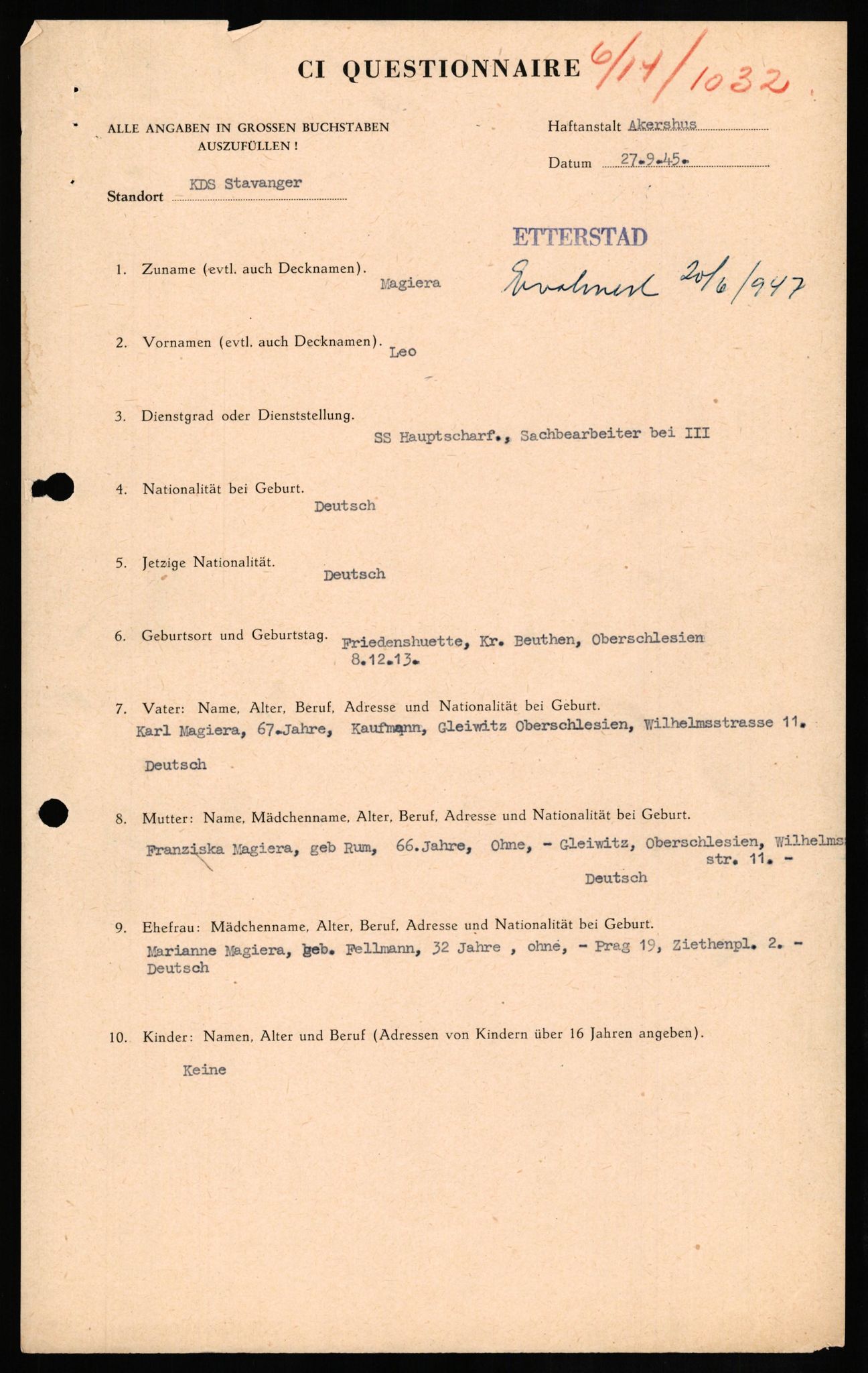 Forsvaret, Forsvarets overkommando II, AV/RA-RAFA-3915/D/Db/L0021: CI Questionaires. Tyske okkupasjonsstyrker i Norge. Tyskere., 1945-1946, p. 38