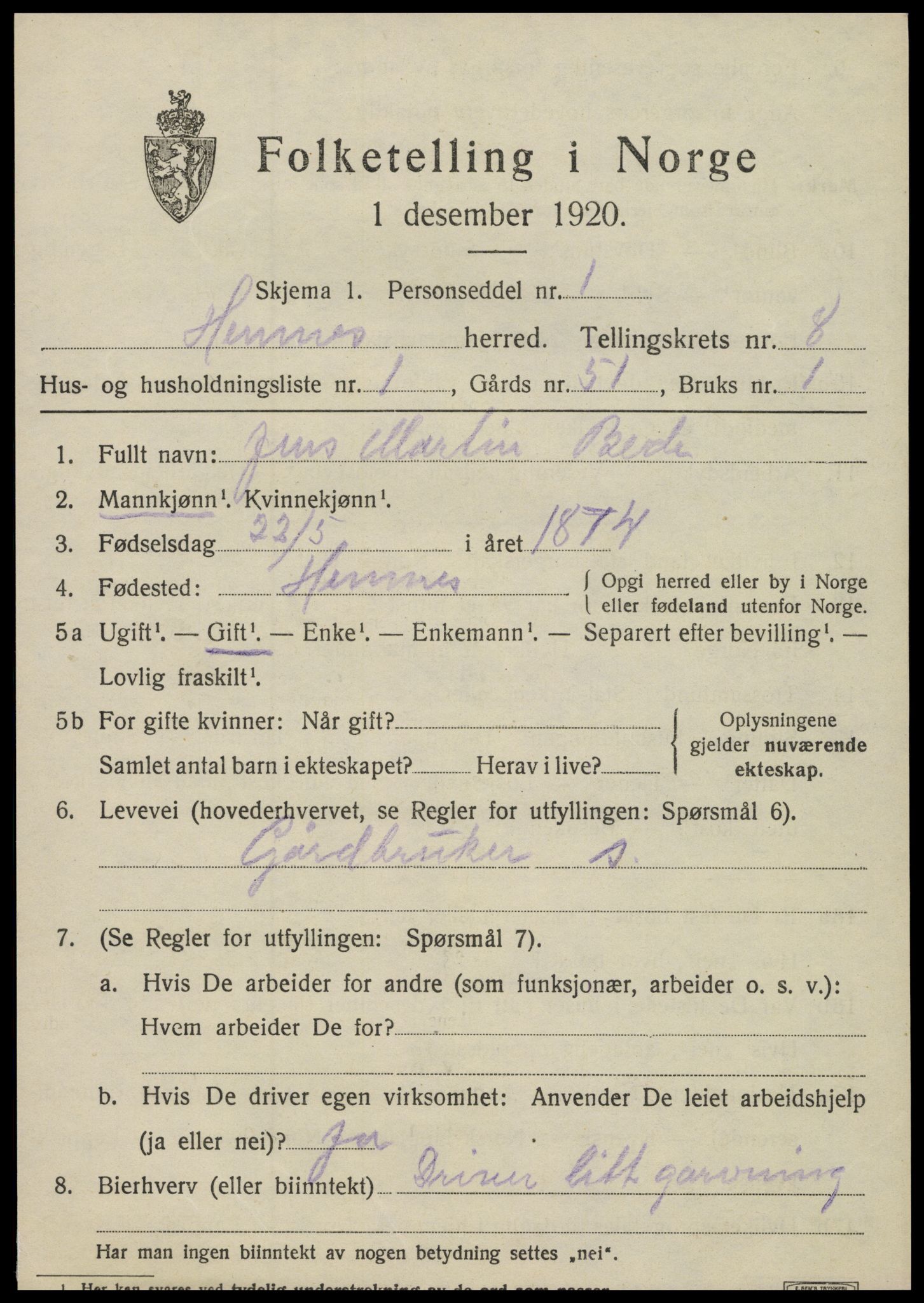 SAT, 1920 census for Hemnes, 1920, p. 7406