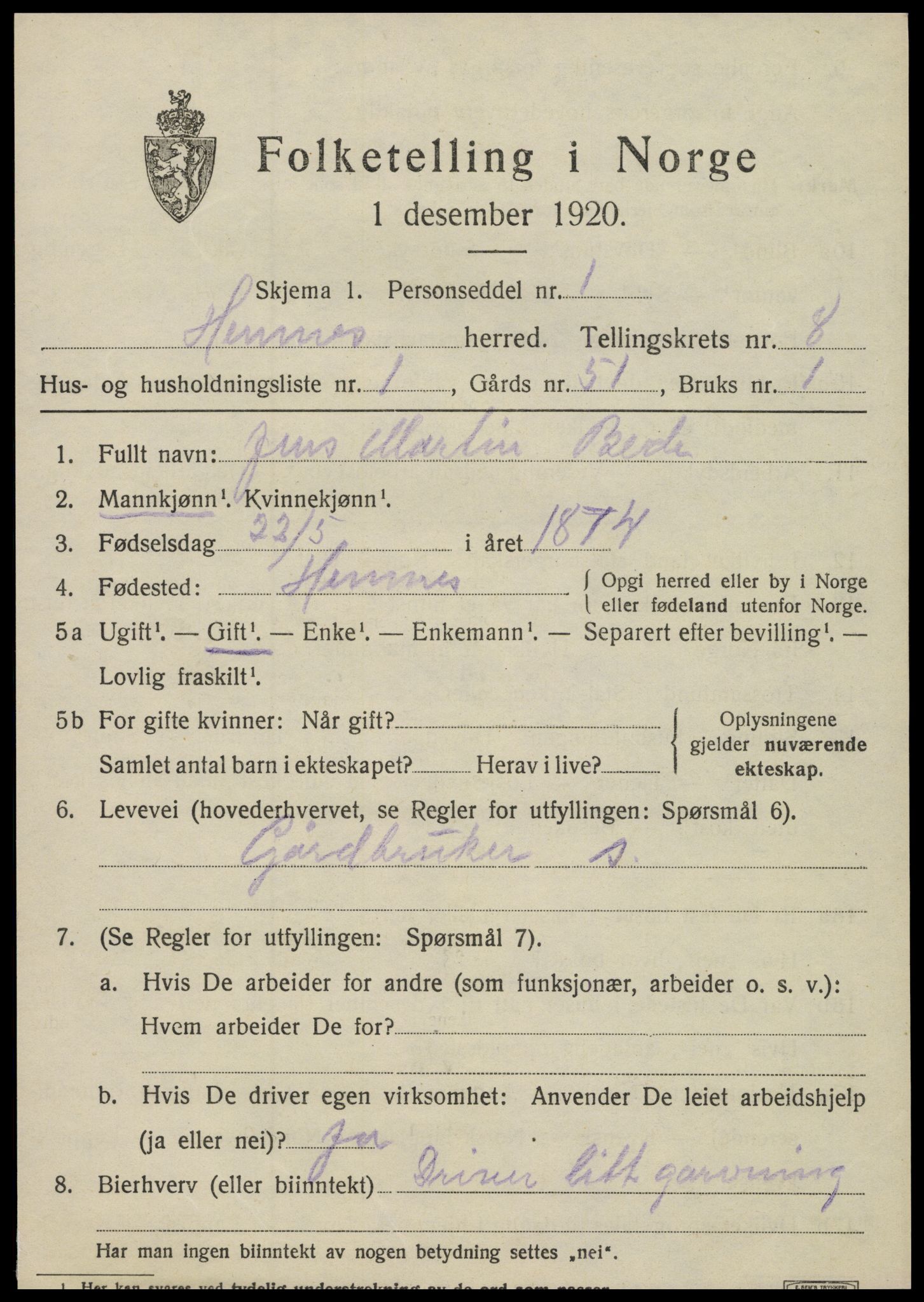 SAT, 1920 census for Hemnes, 1920, p. 7406