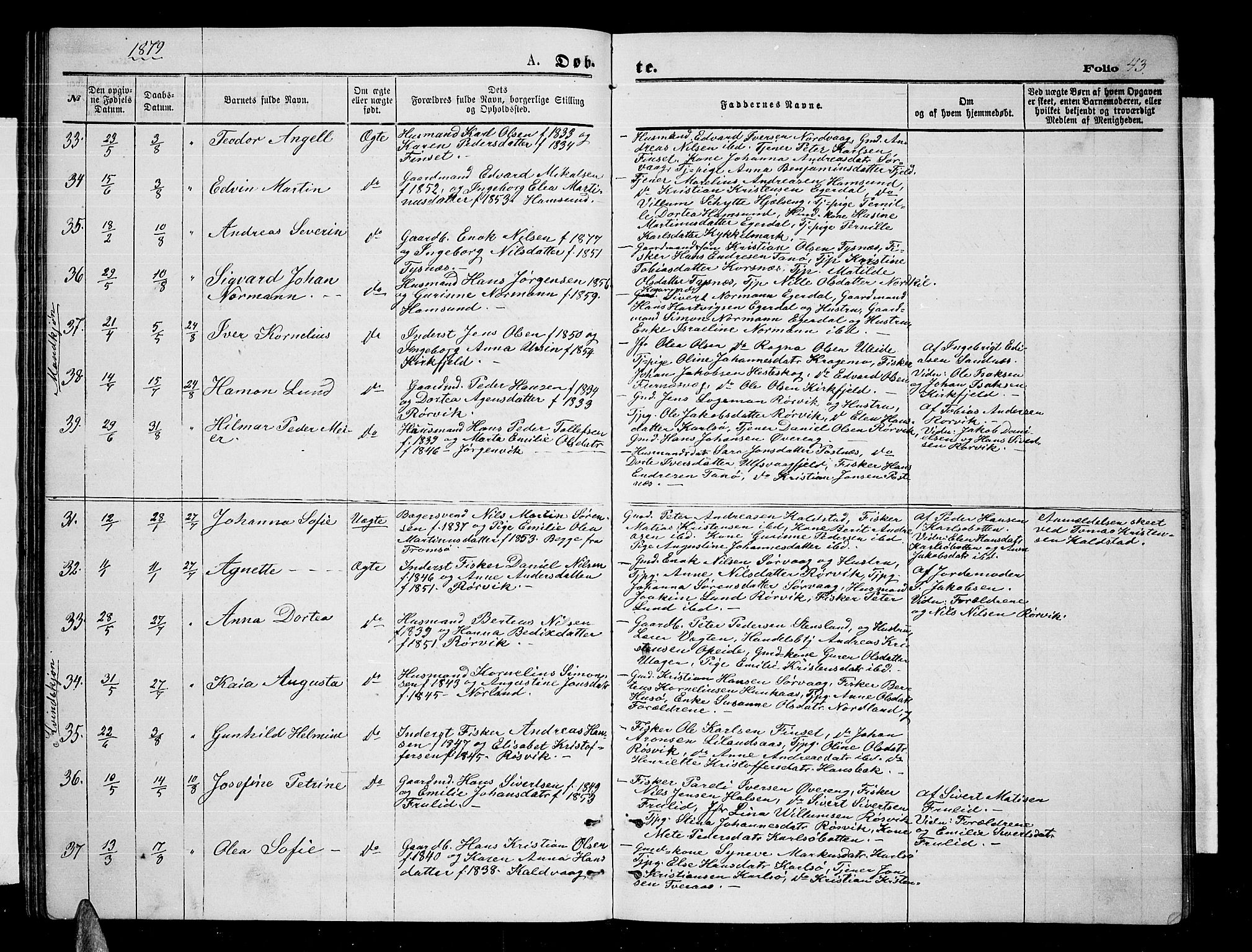 Ministerialprotokoller, klokkerbøker og fødselsregistre - Nordland, AV/SAT-A-1459/859/L0858: Parish register (copy) no. 859C04, 1873-1886, p. 43