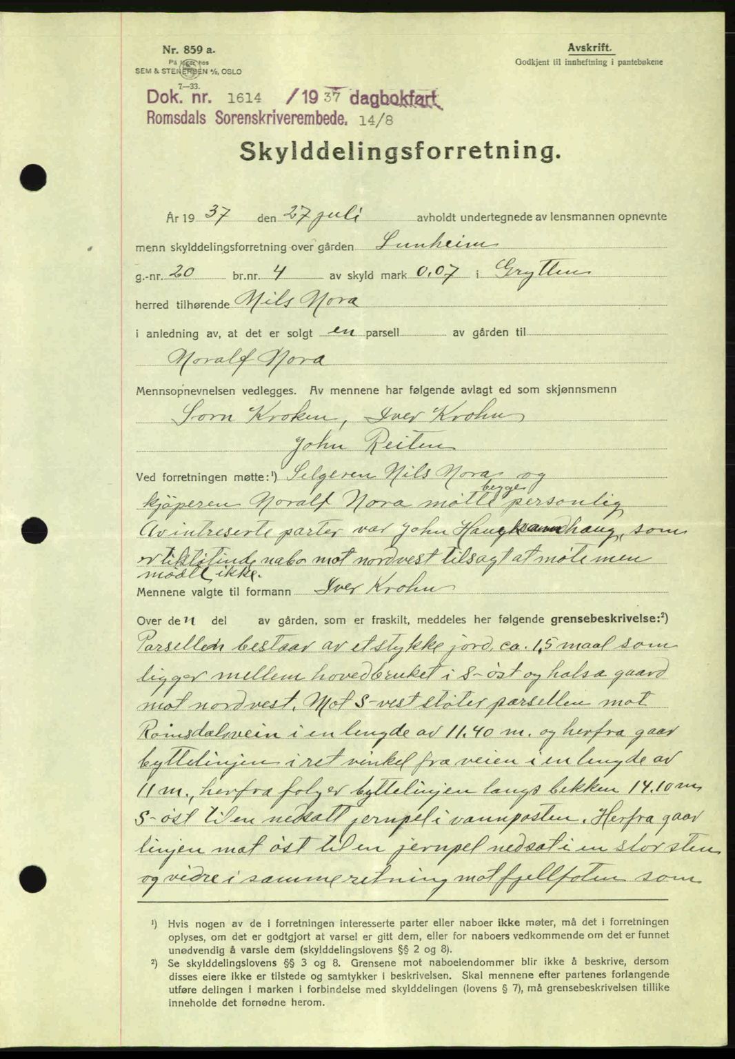 Romsdal sorenskriveri, SAT/A-4149/1/2/2C: Mortgage book no. A3, 1937-1937, Diary no: : 1614/1937
