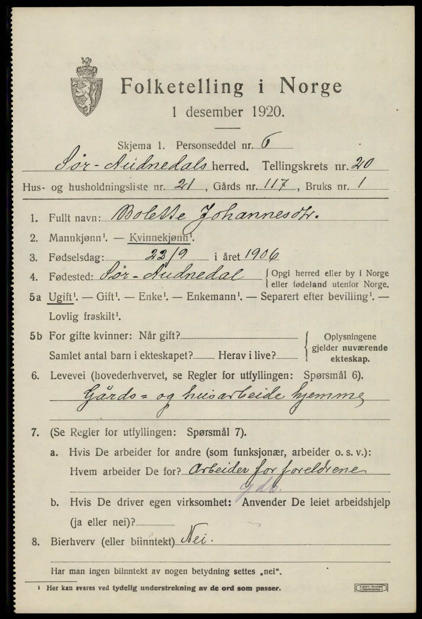 SAK, 1920 census for Sør-Audnedal, 1920, p. 6923