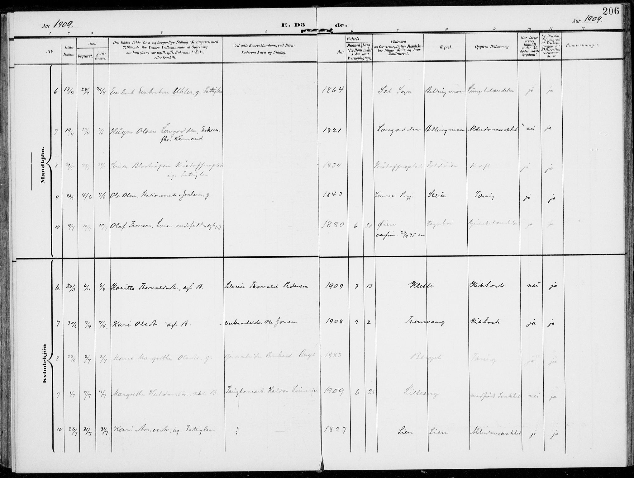 Alvdal prestekontor, SAH/PREST-060/H/Ha/Haa/L0004: Parish register (official) no. 4, 1907-1919, p. 206