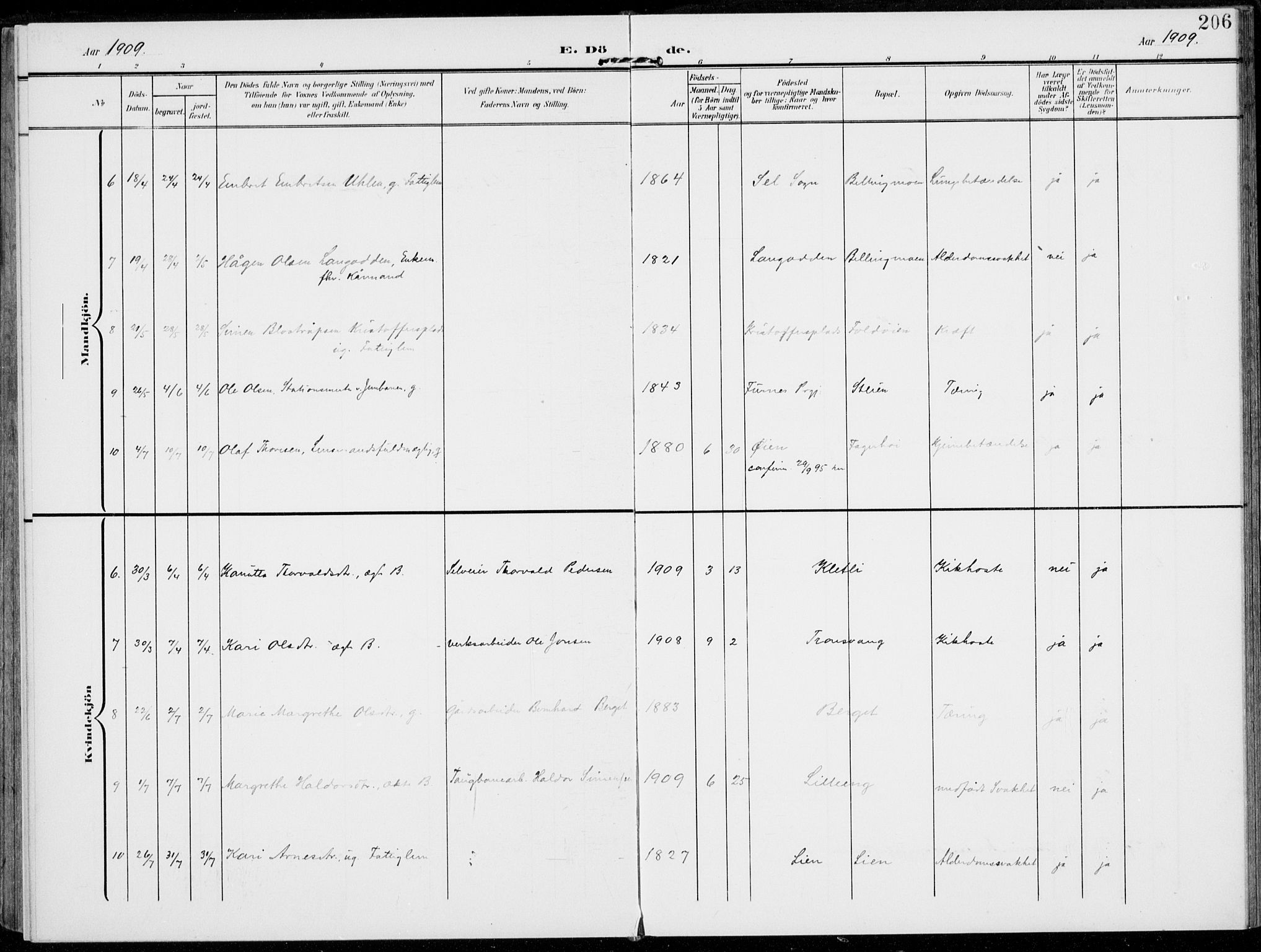 Alvdal prestekontor, AV/SAH-PREST-060/H/Ha/Haa/L0004: Parish register (official) no. 4, 1907-1919, p. 206