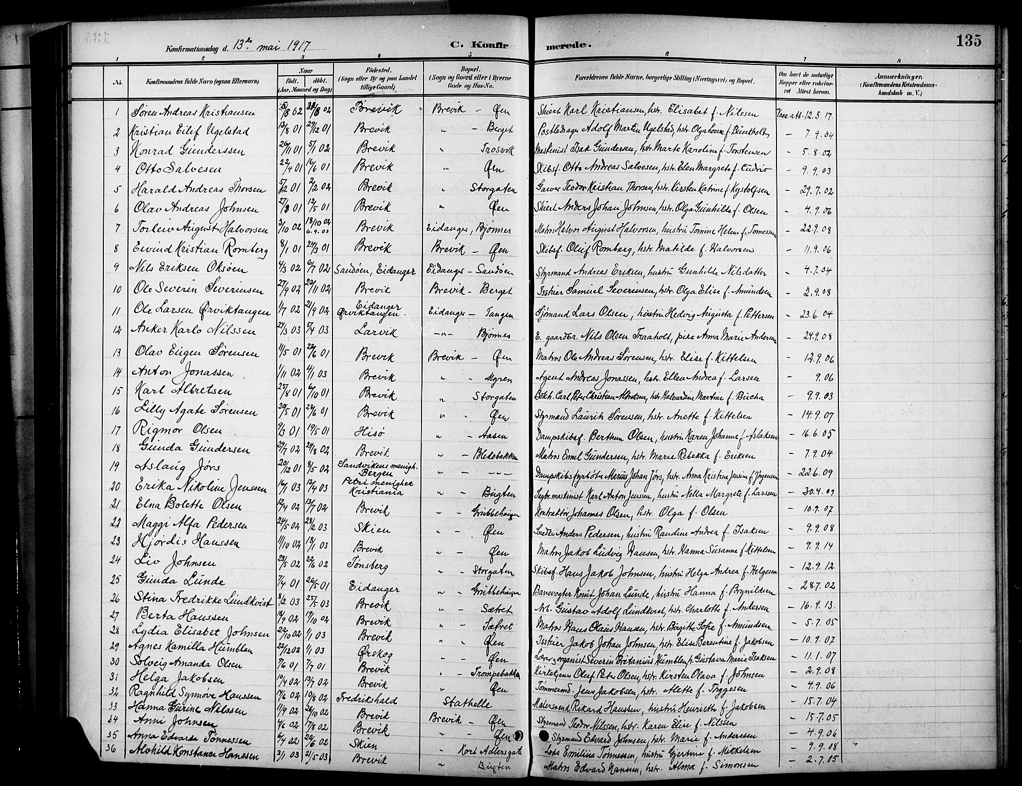 Brevik kirkebøker, SAKO/A-255/G/Ga/L0005: Parish register (copy) no. 5, 1901-1924, p. 135
