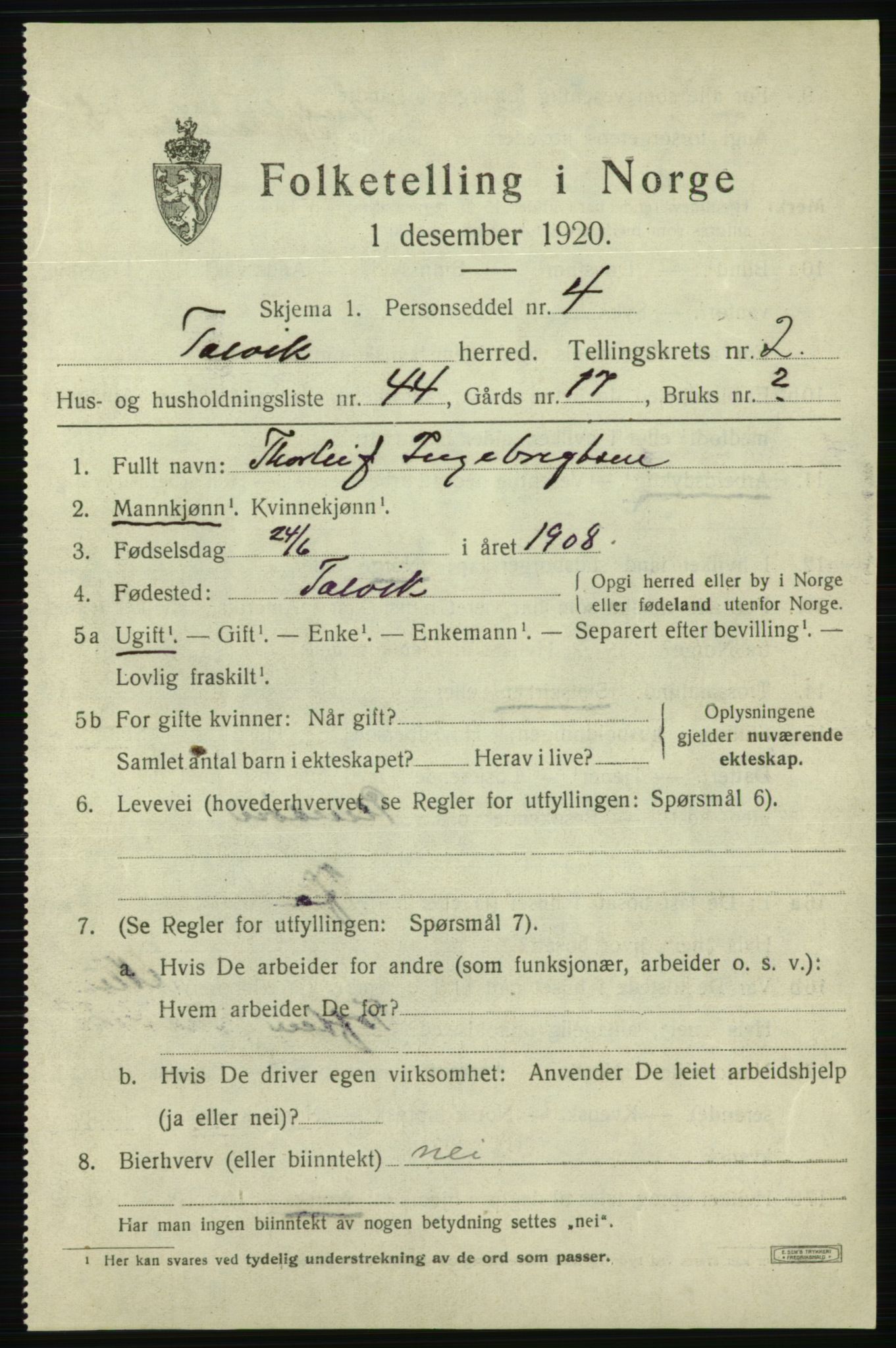 SATØ, 1920 census for Talvik, 1920, p. 2168