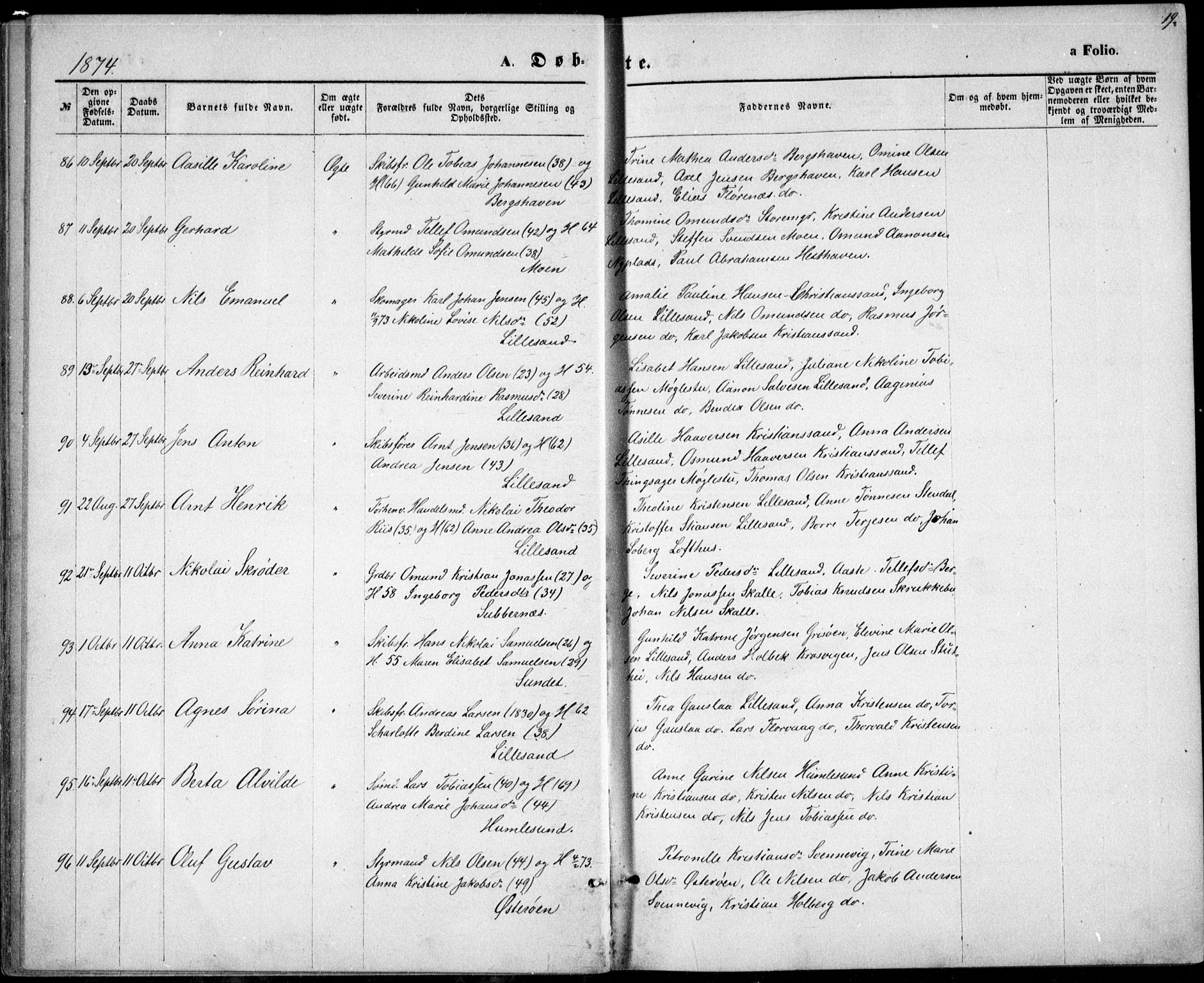 Vestre Moland sokneprestkontor, AV/SAK-1111-0046/F/Fb/Fbb/L0005: Parish register (copy) no. B 5, 1872-1883, p. 19