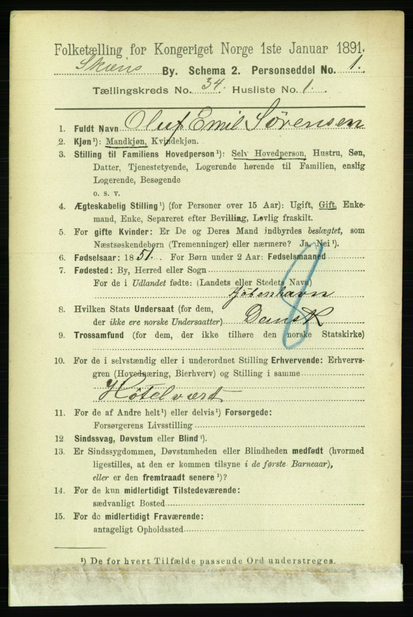 RA, 1891 census for 0806 Skien, 1891, p. 7708