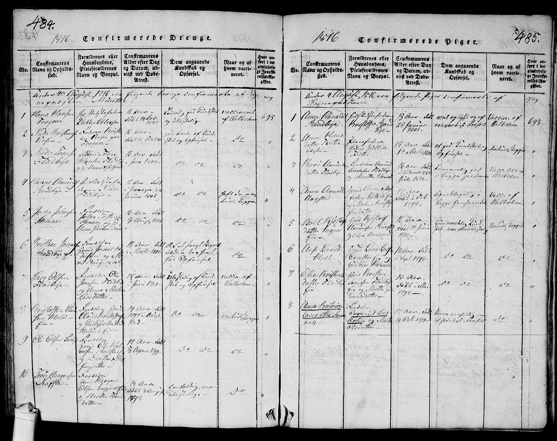Ullensaker prestekontor Kirkebøker, SAO/A-10236a/G/Ga/L0001: Parish register (copy) no. I 1, 1815-1835, p. 484-485