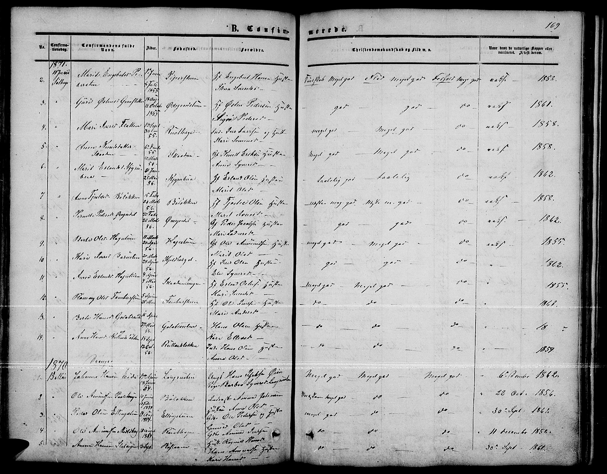 Nord-Fron prestekontor, SAH/PREST-080/H/Ha/Hab/L0001: Parish register (copy) no. 1, 1851-1883, p. 169