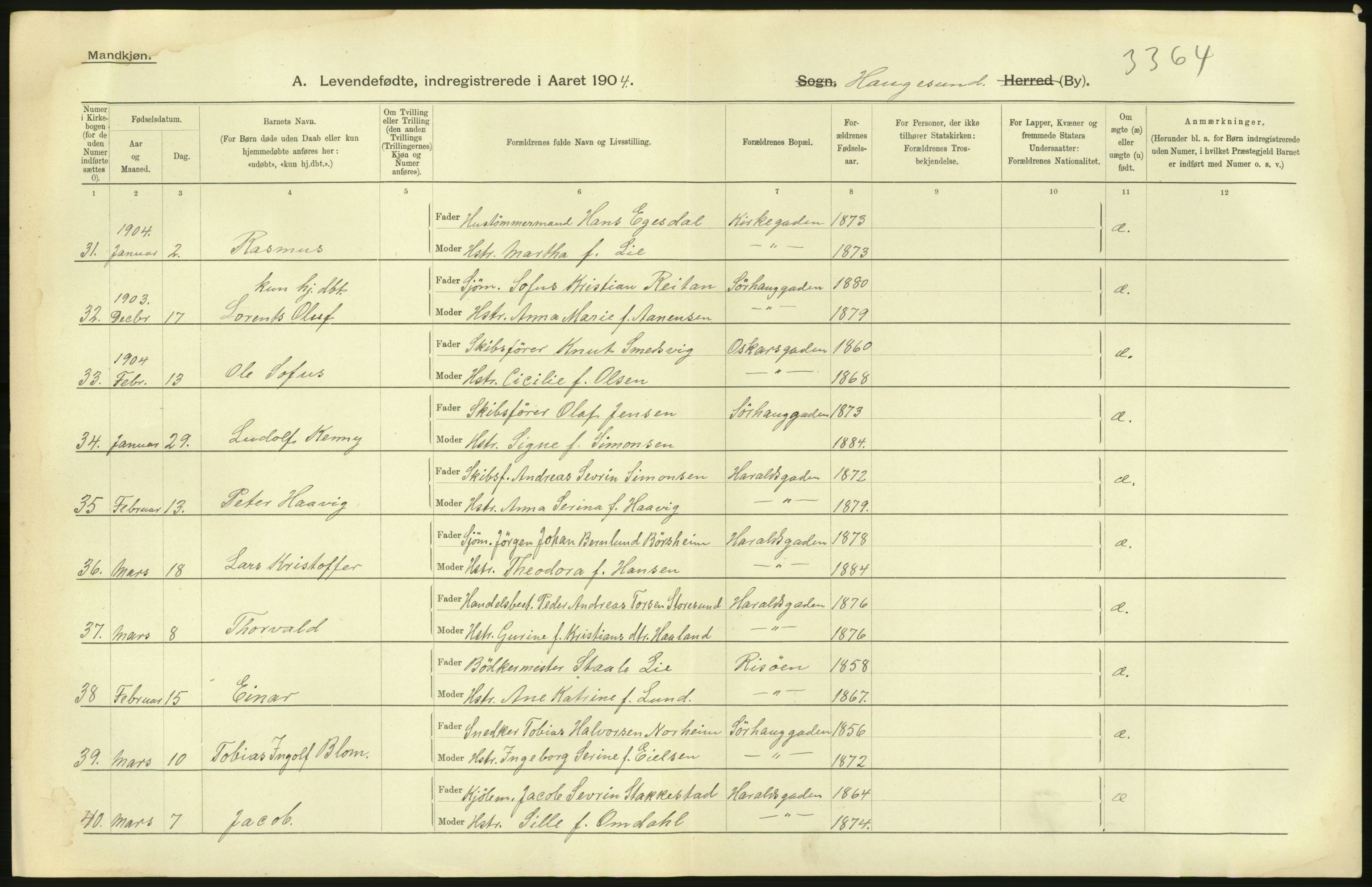 Statistisk sentralbyrå, Sosiodemografiske emner, Befolkning, AV/RA-S-2228/D/Df/Dfa/Dfab/L0012: Stavanger amt: Fødte, gifte, døde, 1904, p. 28