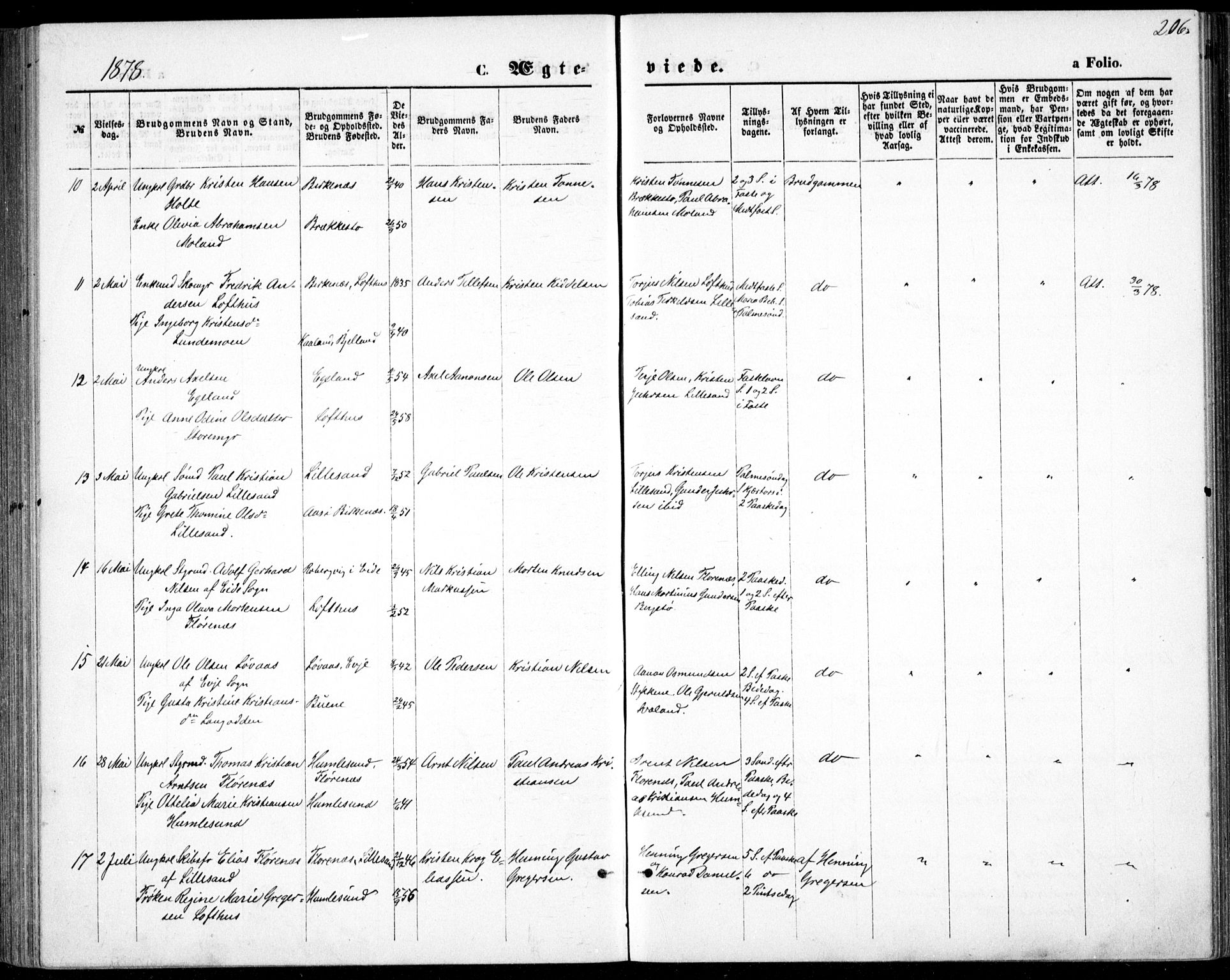 Vestre Moland sokneprestkontor, SAK/1111-0046/F/Fb/Fbb/L0005: Parish register (copy) no. B 5, 1872-1883, p. 206