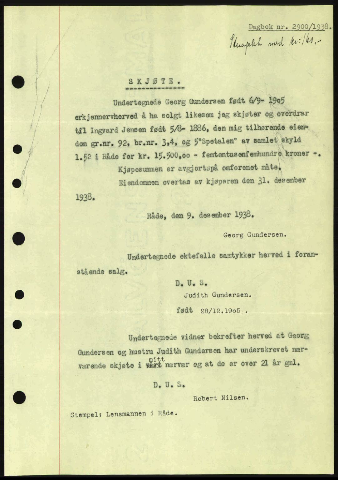 Moss sorenskriveri, SAO/A-10168: Mortgage book no. A5, 1938-1939, Diary no: : 2900/1938