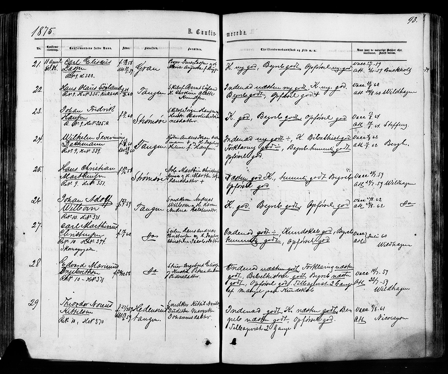 Strømsø kirkebøker, AV/SAKO-A-246/F/Fa/L0018: Parish register (official) no. I 18, 1865-1878, p. 93