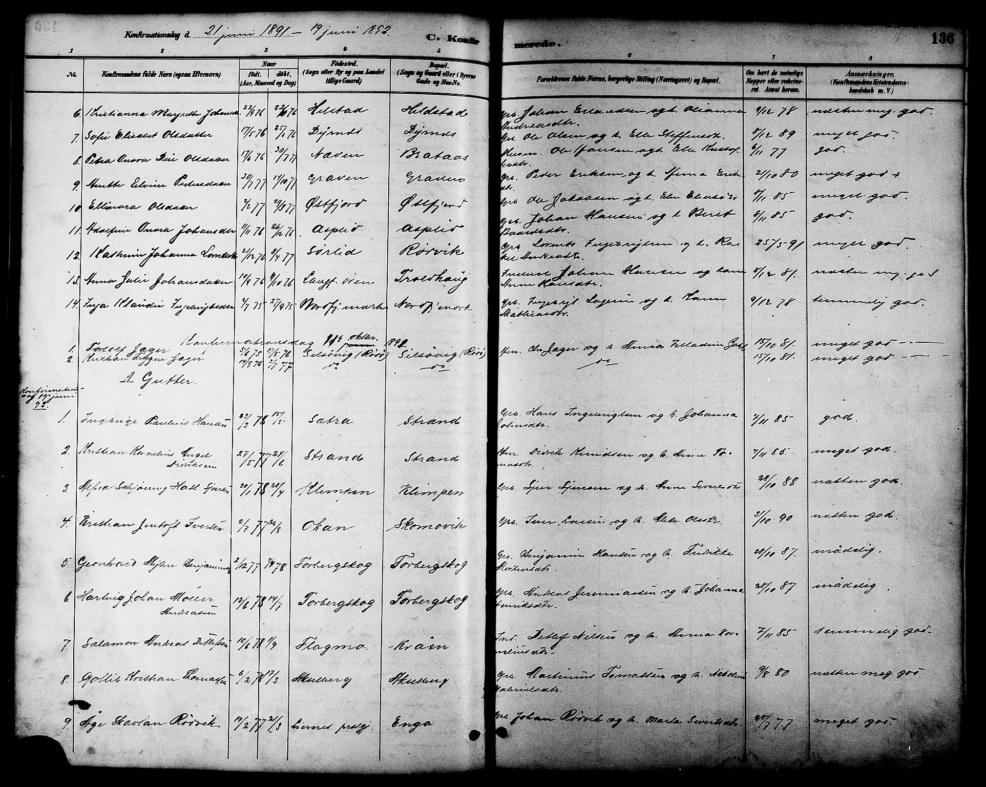 Ministerialprotokoller, klokkerbøker og fødselsregistre - Nordland, SAT/A-1459/814/L0230: Parish register (copy) no. 814C03, 1884-1911, p. 136
