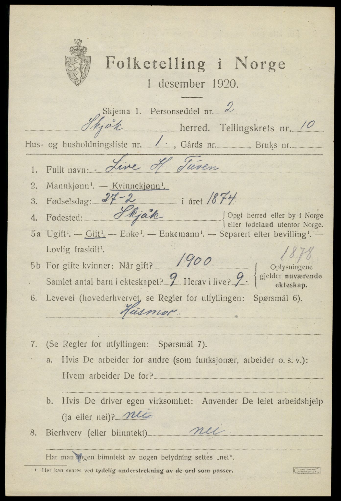 SAH, 1920 census for Skjåk, 1920, p. 4568