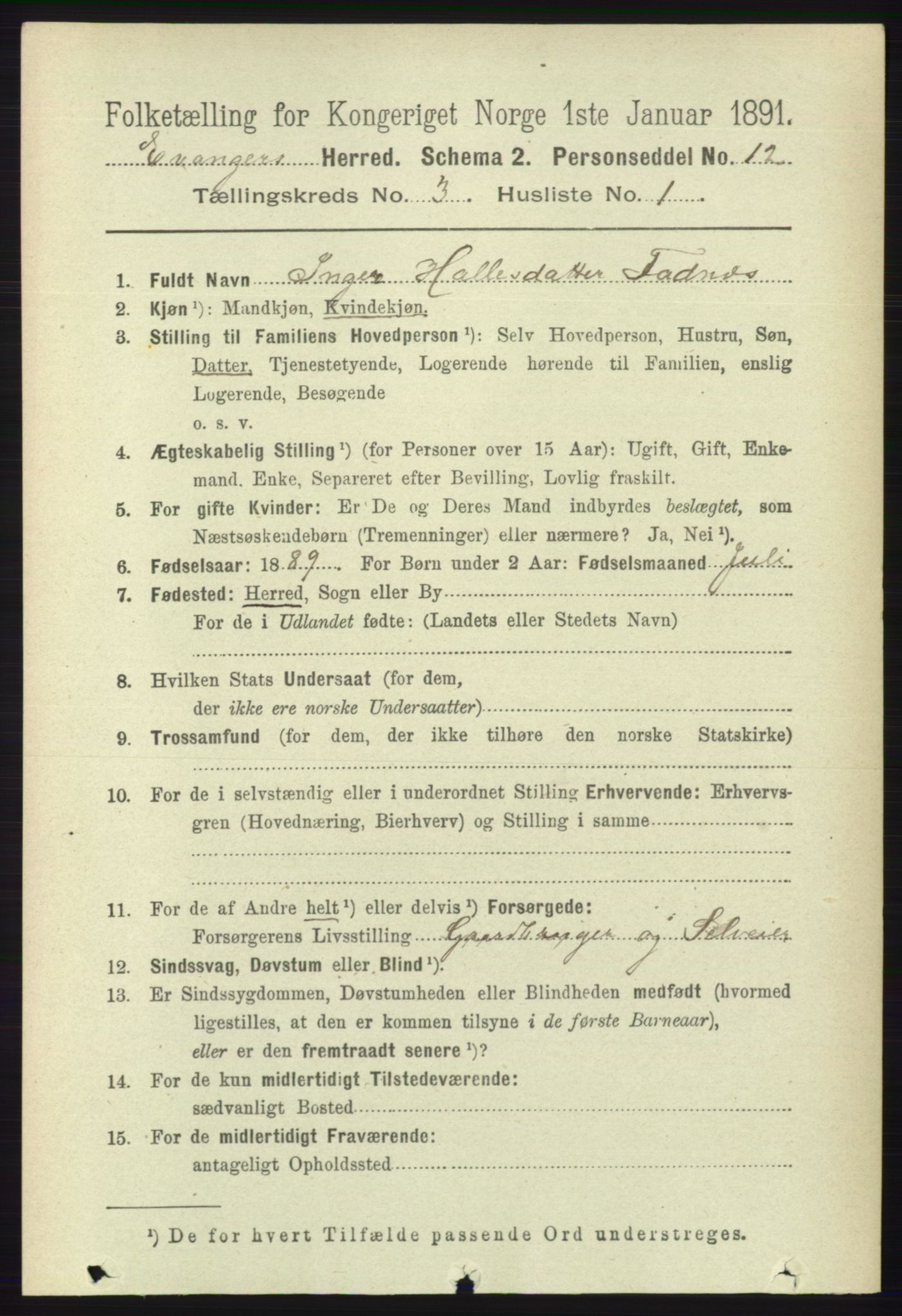 RA, 1891 census for 1237 Evanger, 1891, p. 863