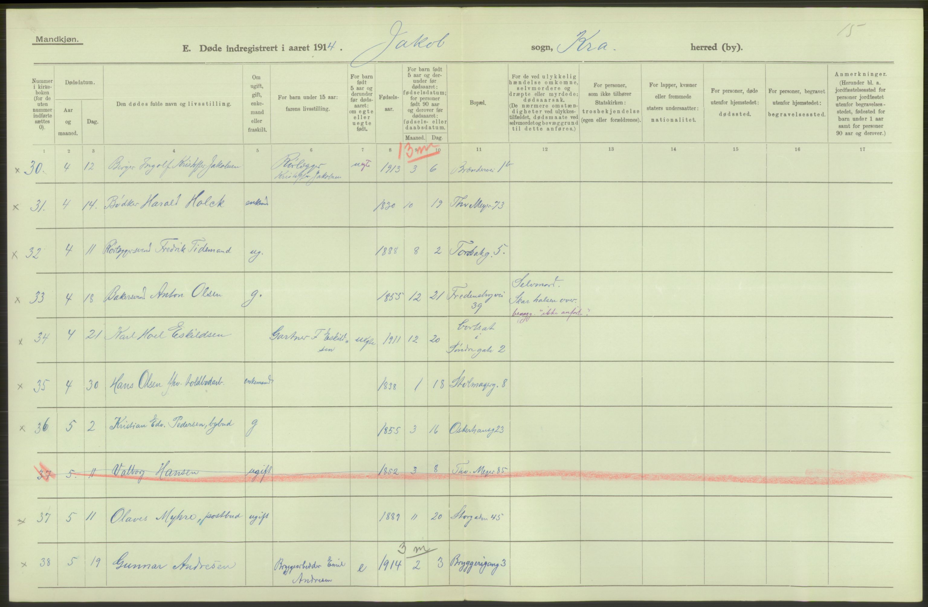 Statistisk sentralbyrå, Sosiodemografiske emner, Befolkning, AV/RA-S-2228/D/Df/Dfb/Dfbd/L0008: Kristiania: Døde, 1914, p. 558