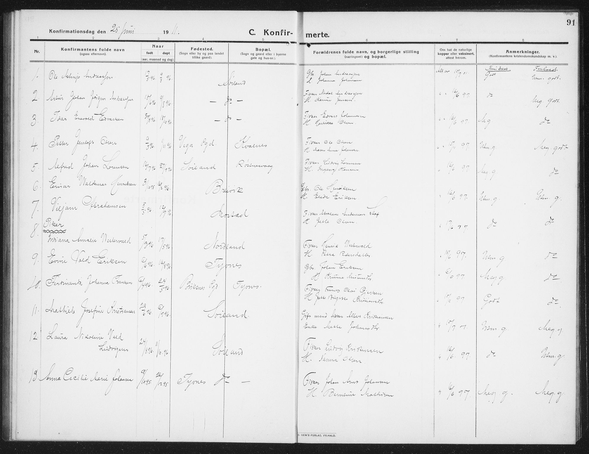 Ministerialprotokoller, klokkerbøker og fødselsregistre - Nordland, AV/SAT-A-1459/807/L0124: Parish register (copy) no. 807C02, 1910-1935, p. 91