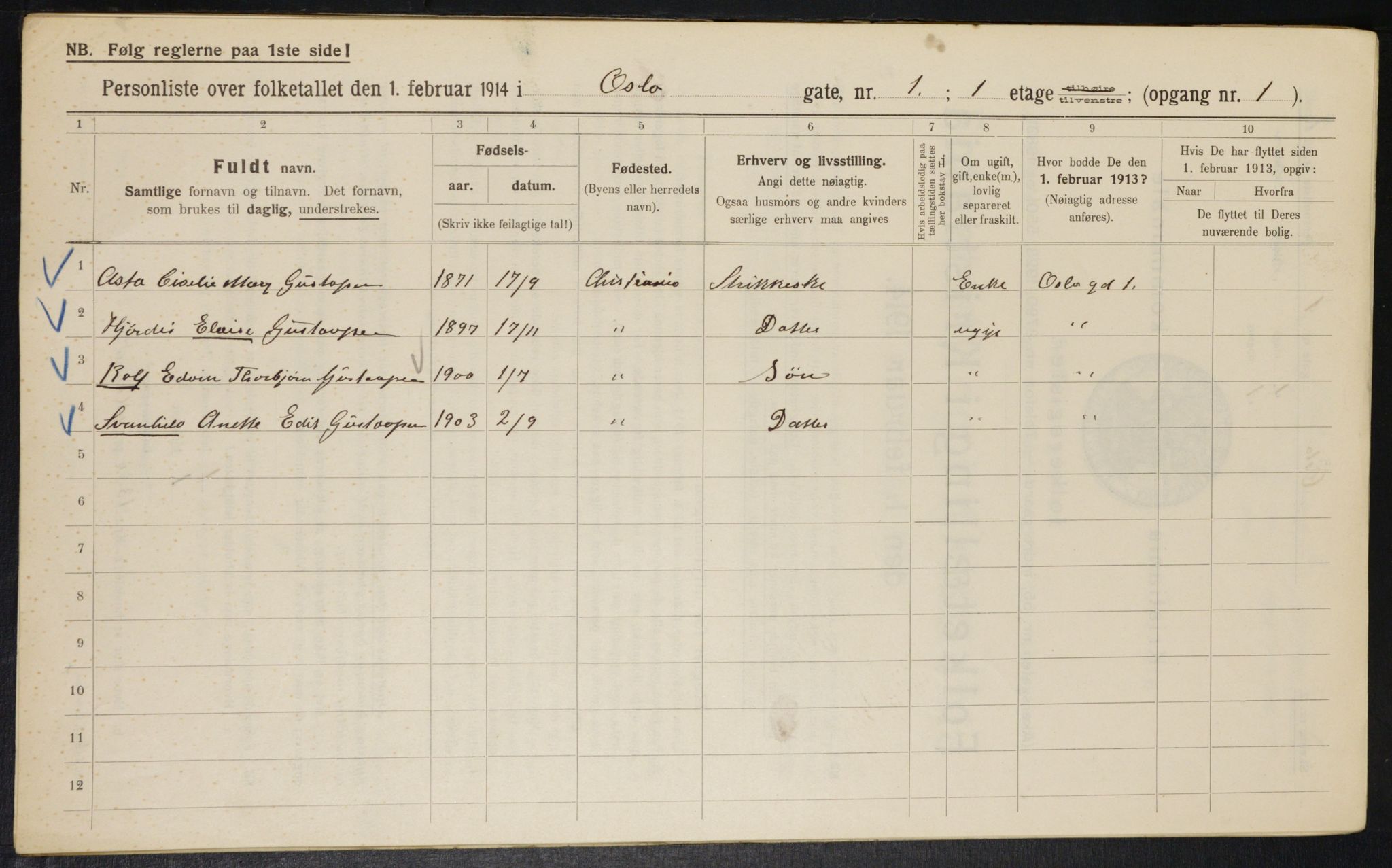 OBA, Municipal Census 1914 for Kristiania, 1914, p. 77020