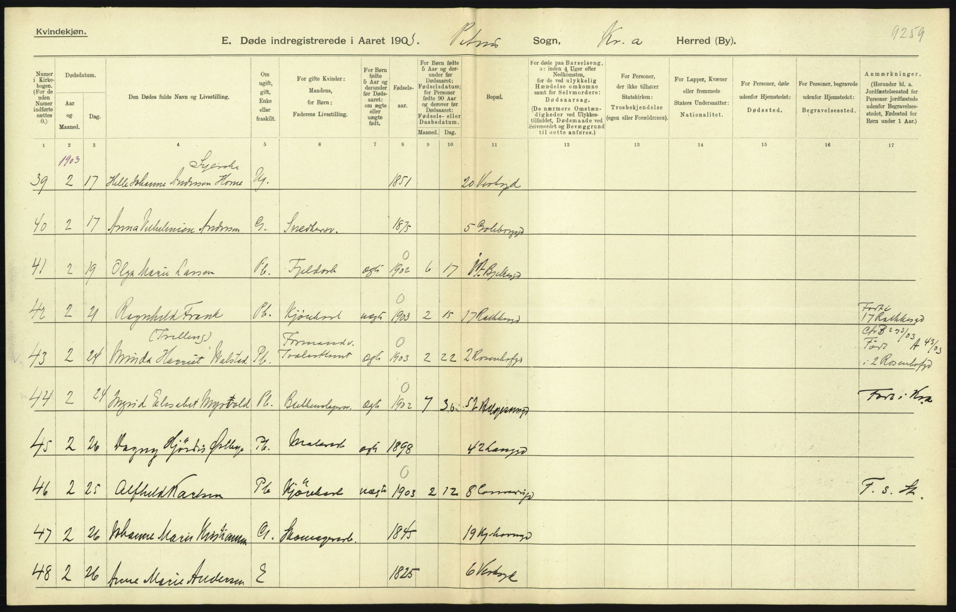 Statistisk sentralbyrå, Sosiodemografiske emner, Befolkning, AV/RA-S-2228/D/Df/Dfa/Dfaa/L0004: Kristiania: Gifte, døde, 1903, p. 337