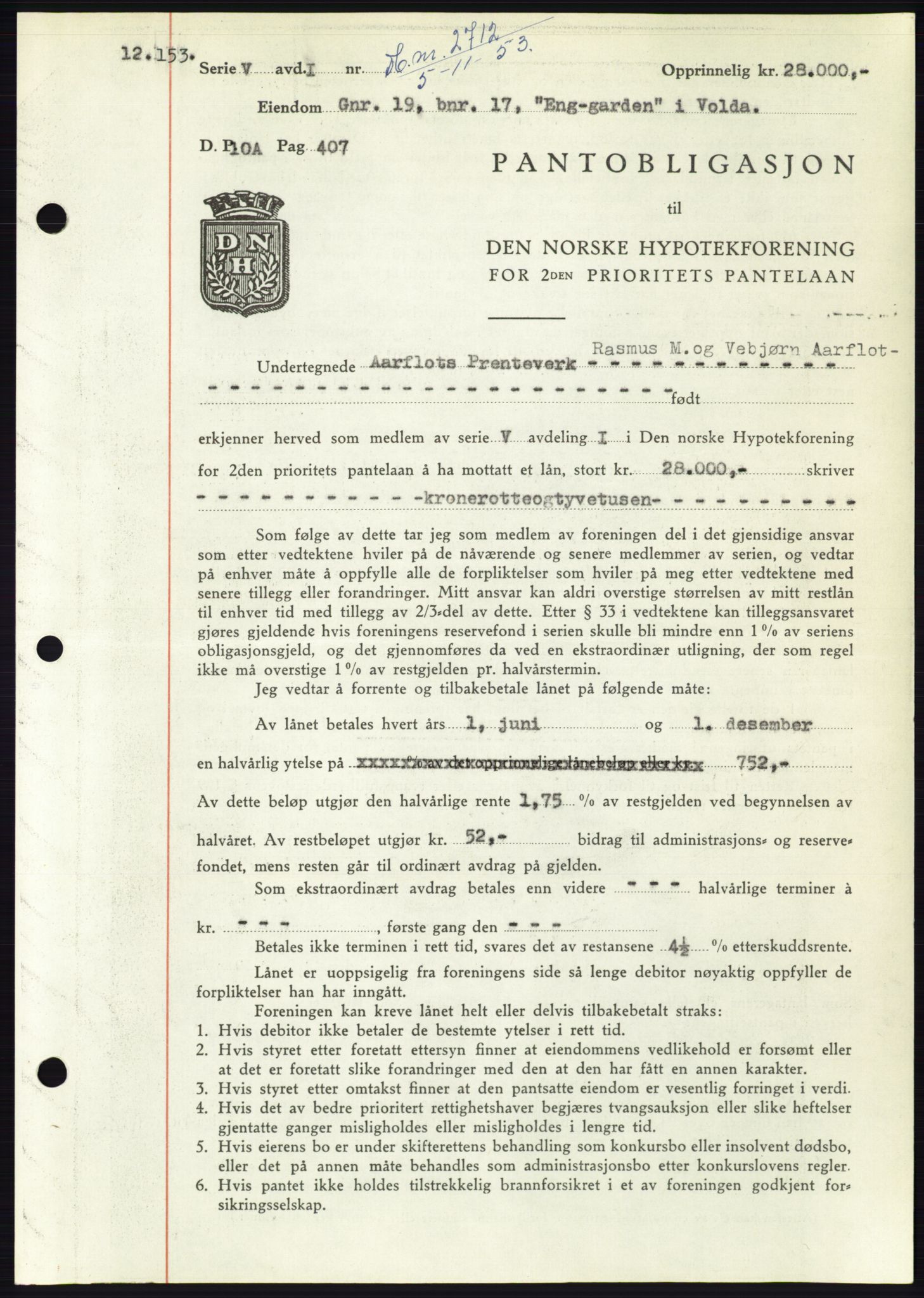 Søre Sunnmøre sorenskriveri, AV/SAT-A-4122/1/2/2C/L0124: Mortgage book no. 12B, 1953-1954, Diary no: : 2712/1953