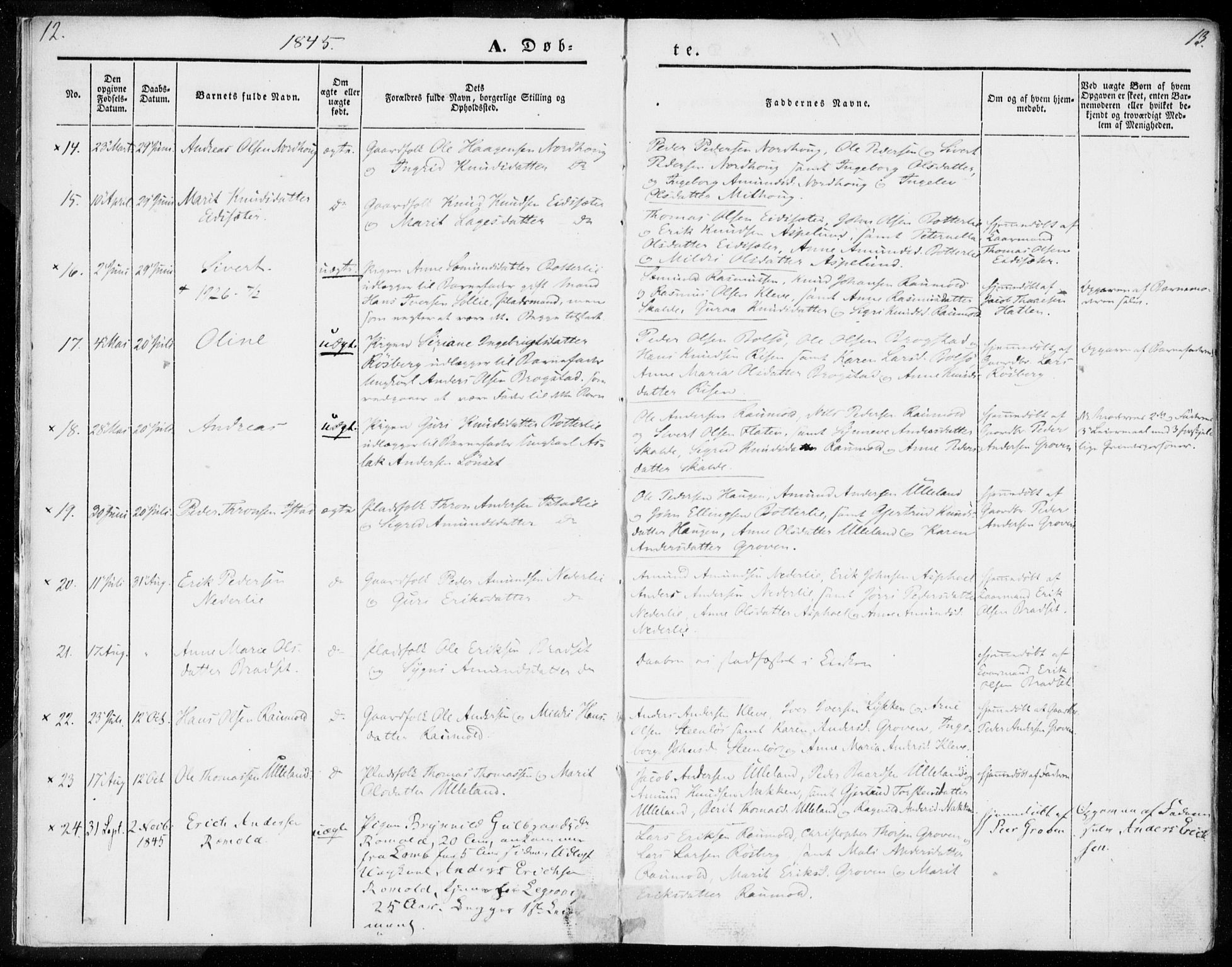 Ministerialprotokoller, klokkerbøker og fødselsregistre - Møre og Romsdal, AV/SAT-A-1454/557/L0680: Parish register (official) no. 557A02, 1843-1869, p. 12-13