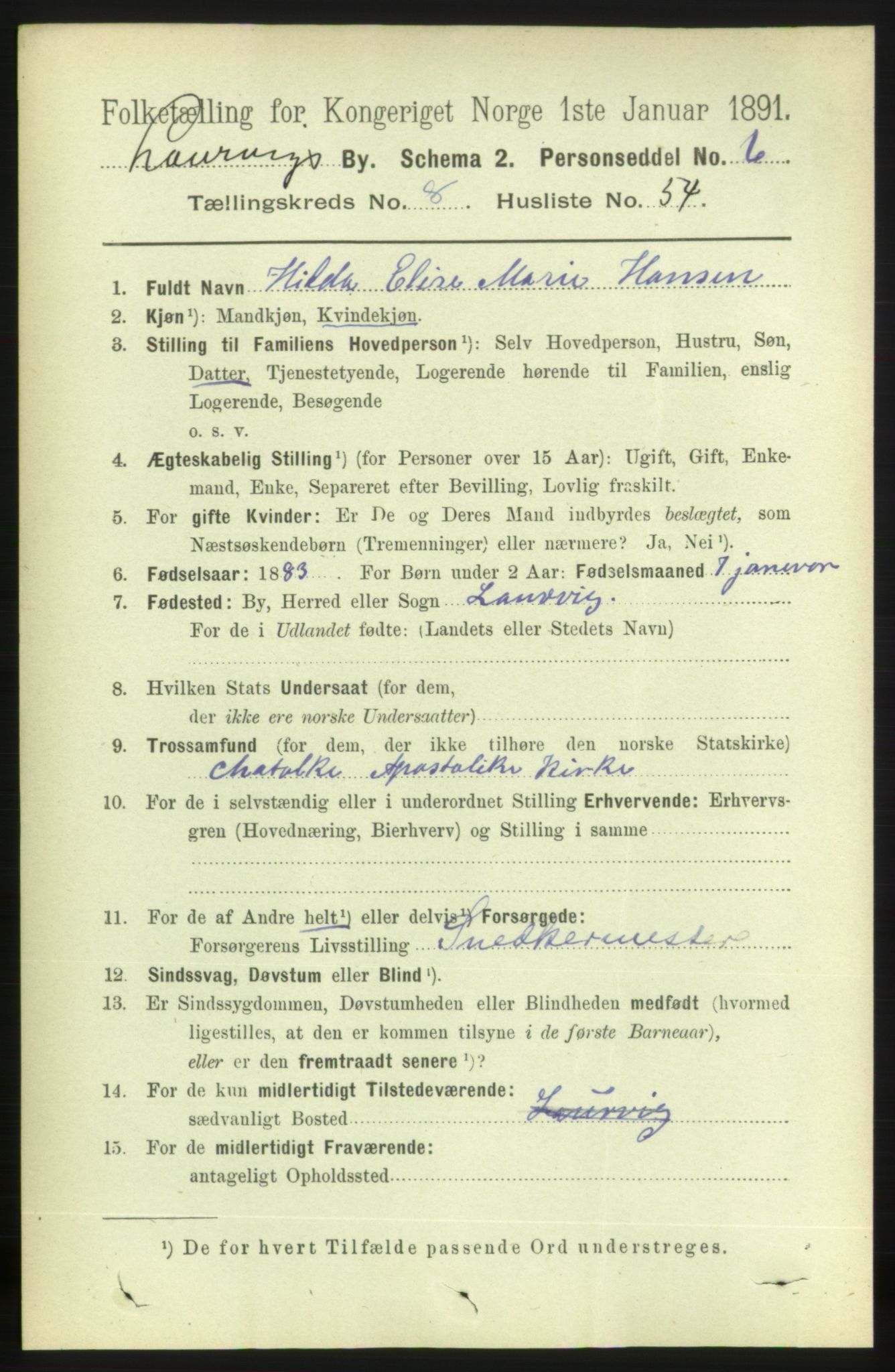 RA, 1891 census for 0707 Larvik, 1891, p. 8474