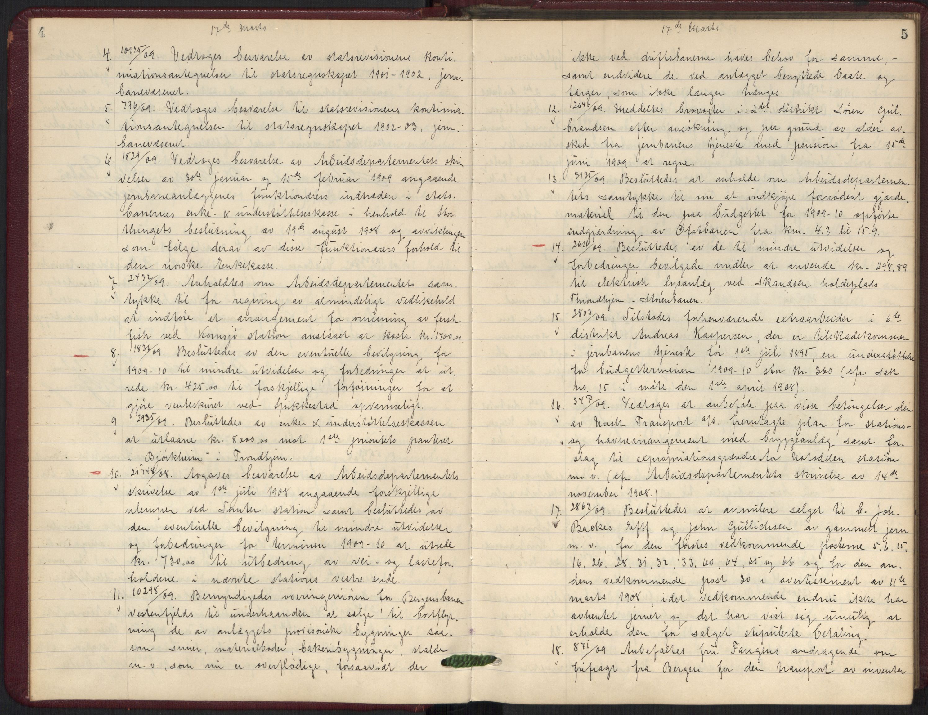 Norges statsbaner, Administrasjons- økonomi- og personalavdelingen, AV/RA-S-3412/A/Aa/L0010: Forhandlingsprotokoll, 1909-1910, p. 4-5