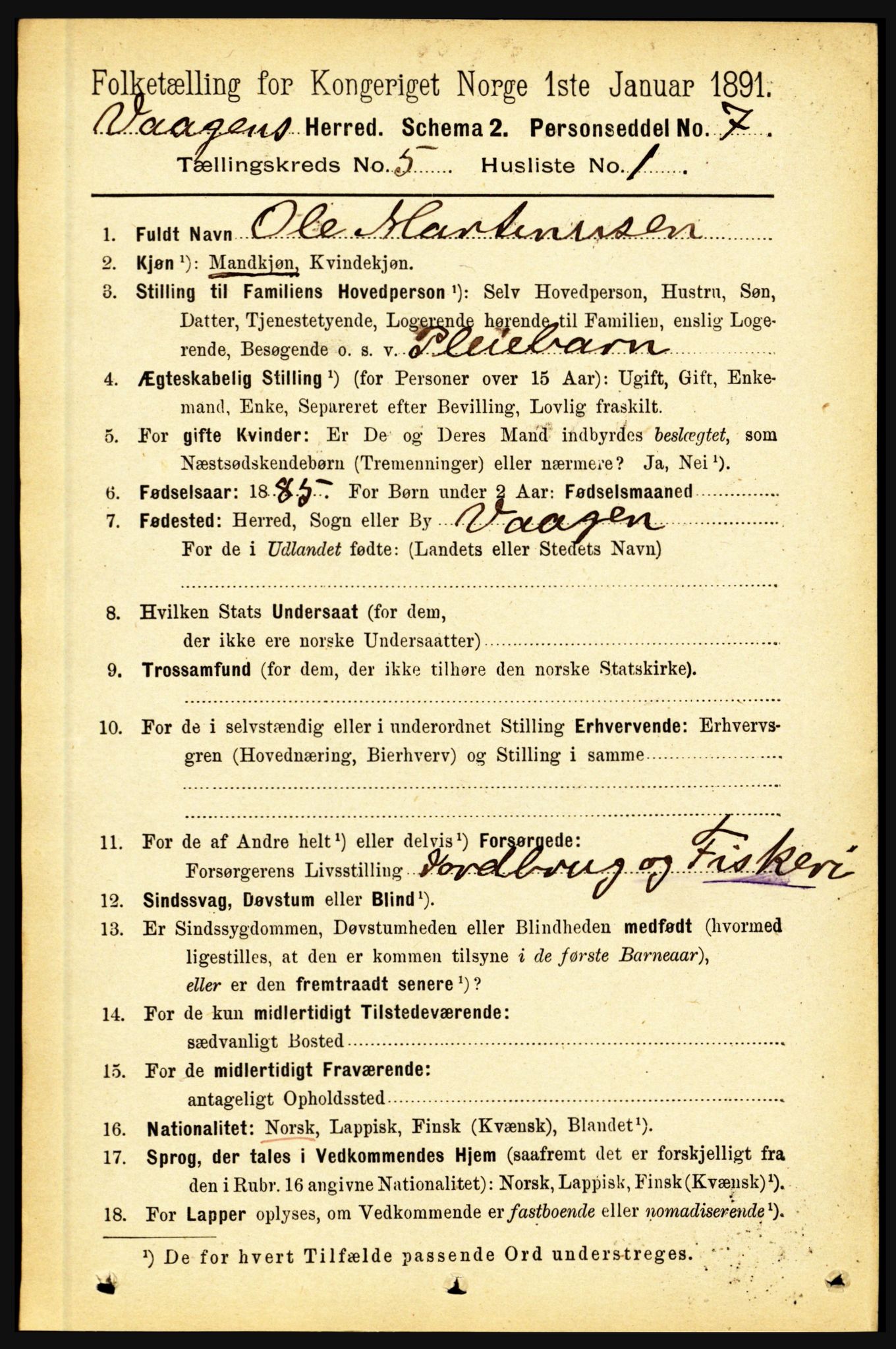 RA, 1891 census for 1865 Vågan, 1891, p. 1579