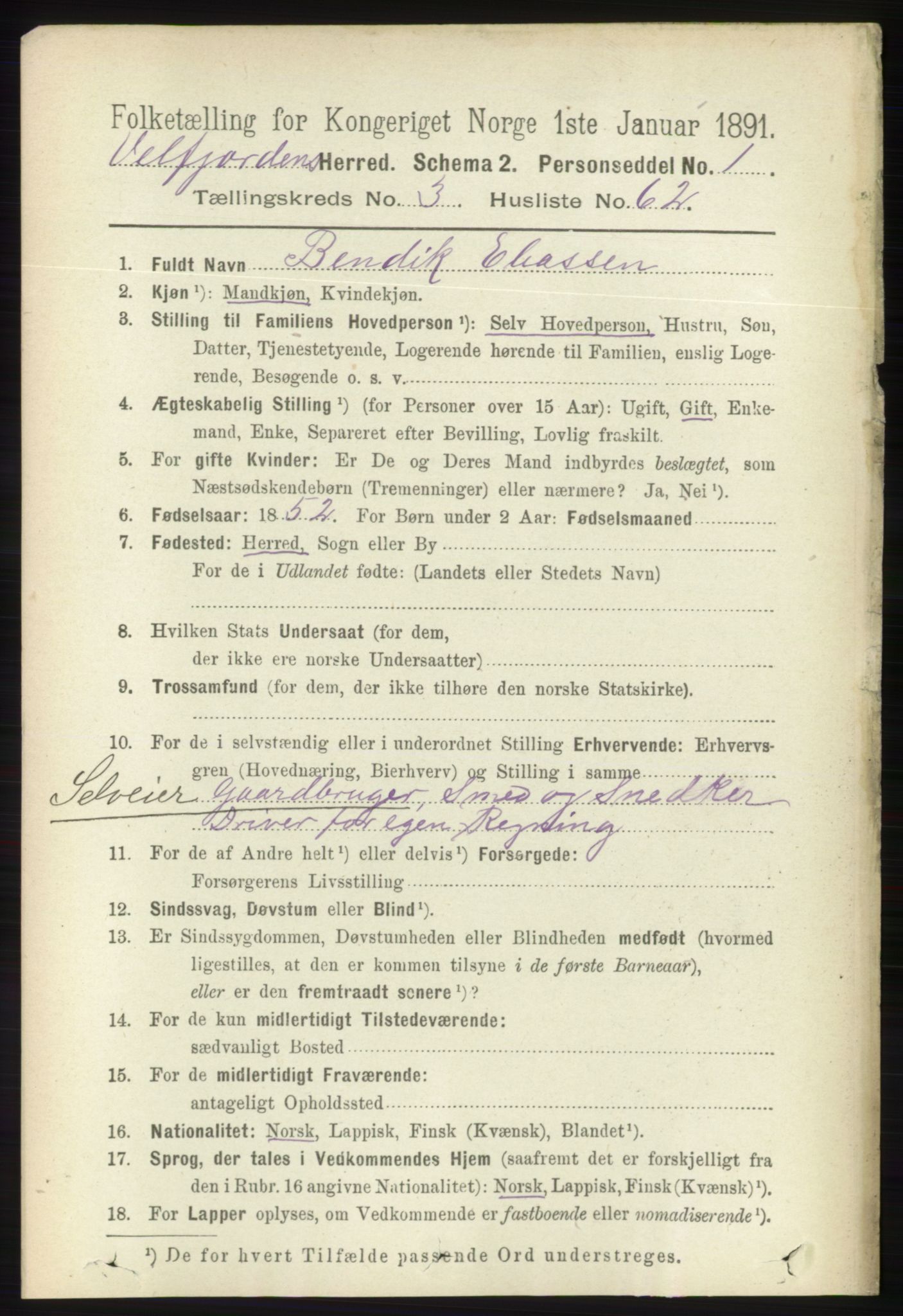 RA, 1891 census for 1813 Velfjord, 1891, p. 1444