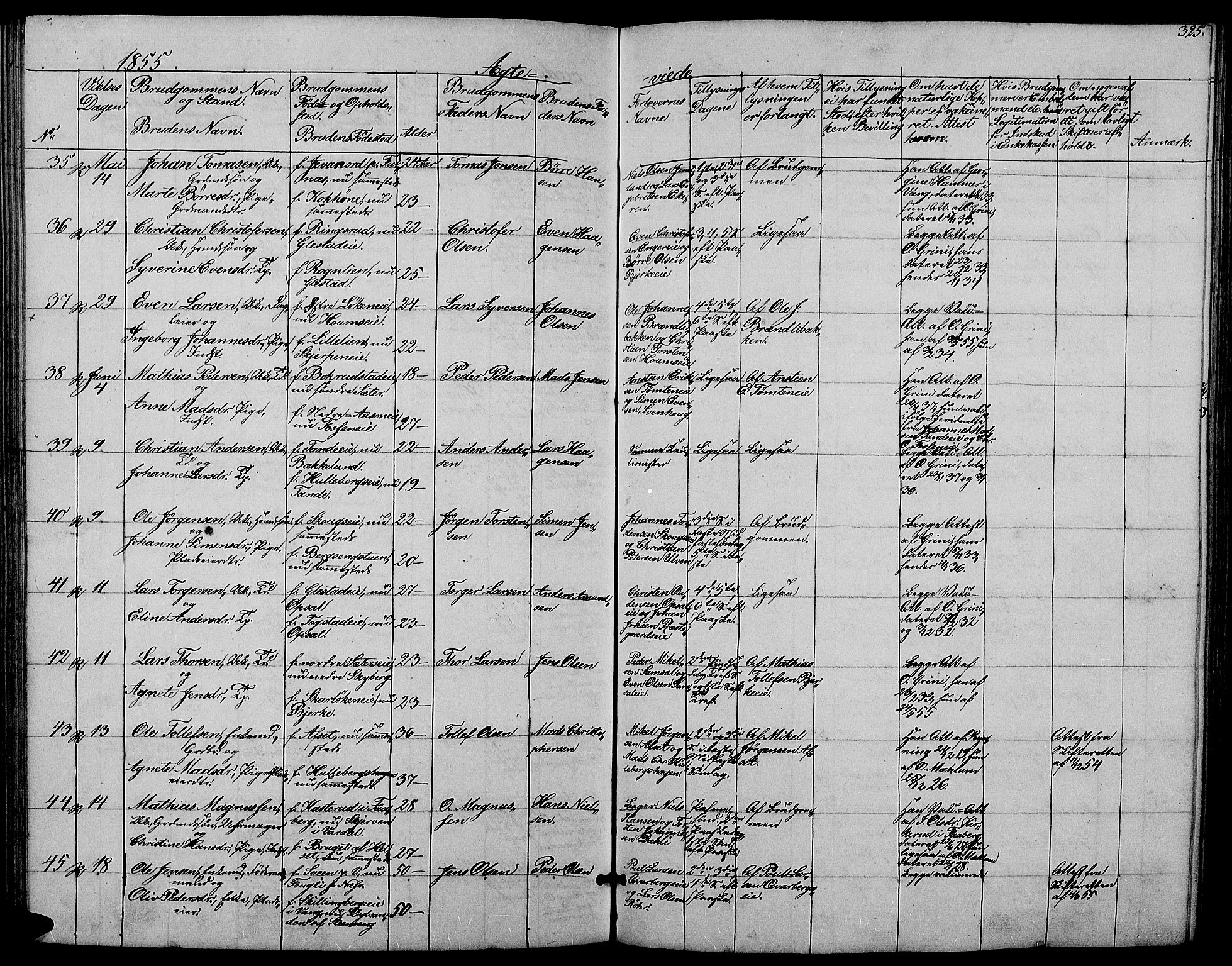 Ringsaker prestekontor, AV/SAH-PREST-014/L/La/L0006: Parish register (copy) no. 6, 1851-1860, p. 325